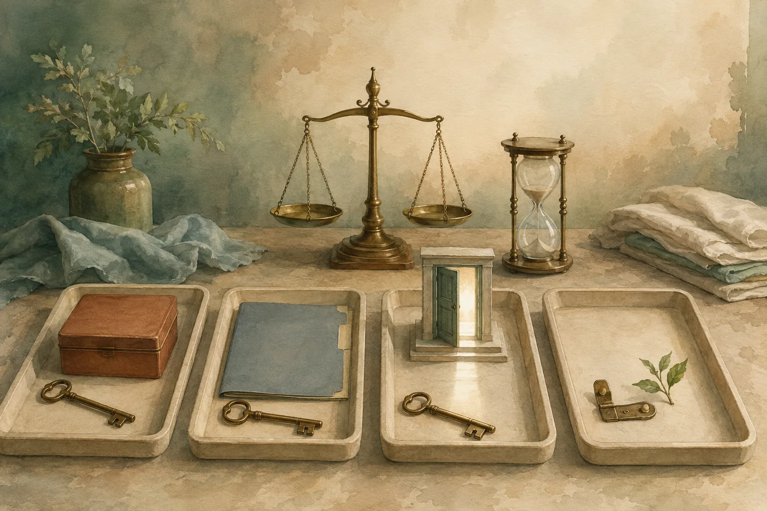KI-generierte Illustration: Vier Tabletts mit Schlüssel, Schatulle, Aktenmappe, offener Miniaturtür und geöffnetem Riegel liegen vor Waage und Stundenglas
