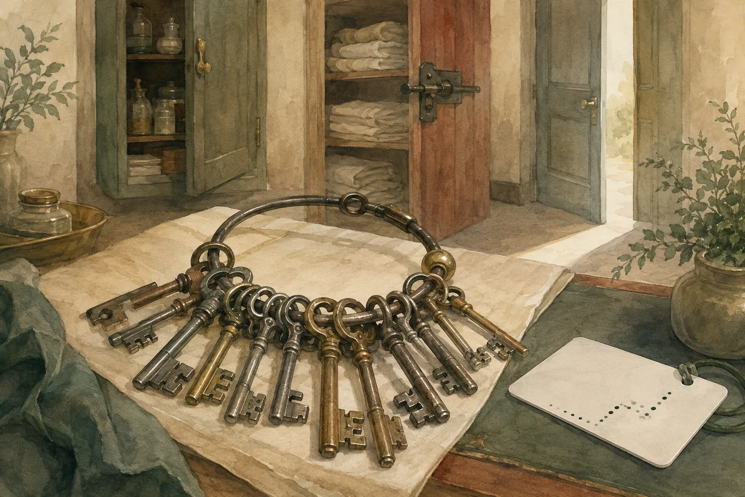 KI-generierte Illustration: Ein großer Ring mit frei entworfenen Eisen- und Messingschlüsseln liegt vor Arzneischrank, Wäschelager, halb offener Tür und neutraler Zugangskarte