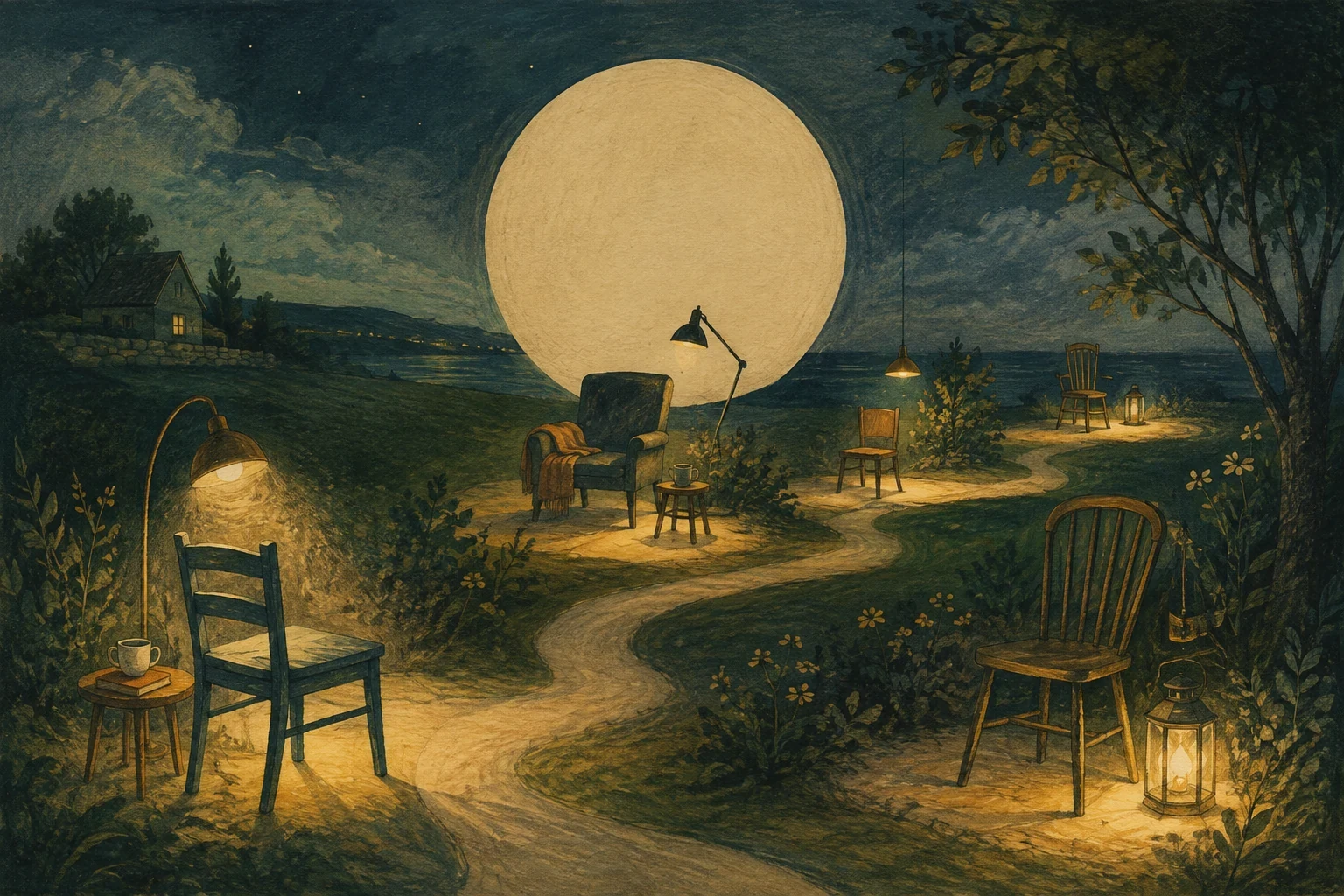 KI-generierte Illustration: Eine nächtliche Landschaft verbindet mehrere leere Stühle und warme Lichtinseln unter einem großen Mond zu einer geteilten Begleitung