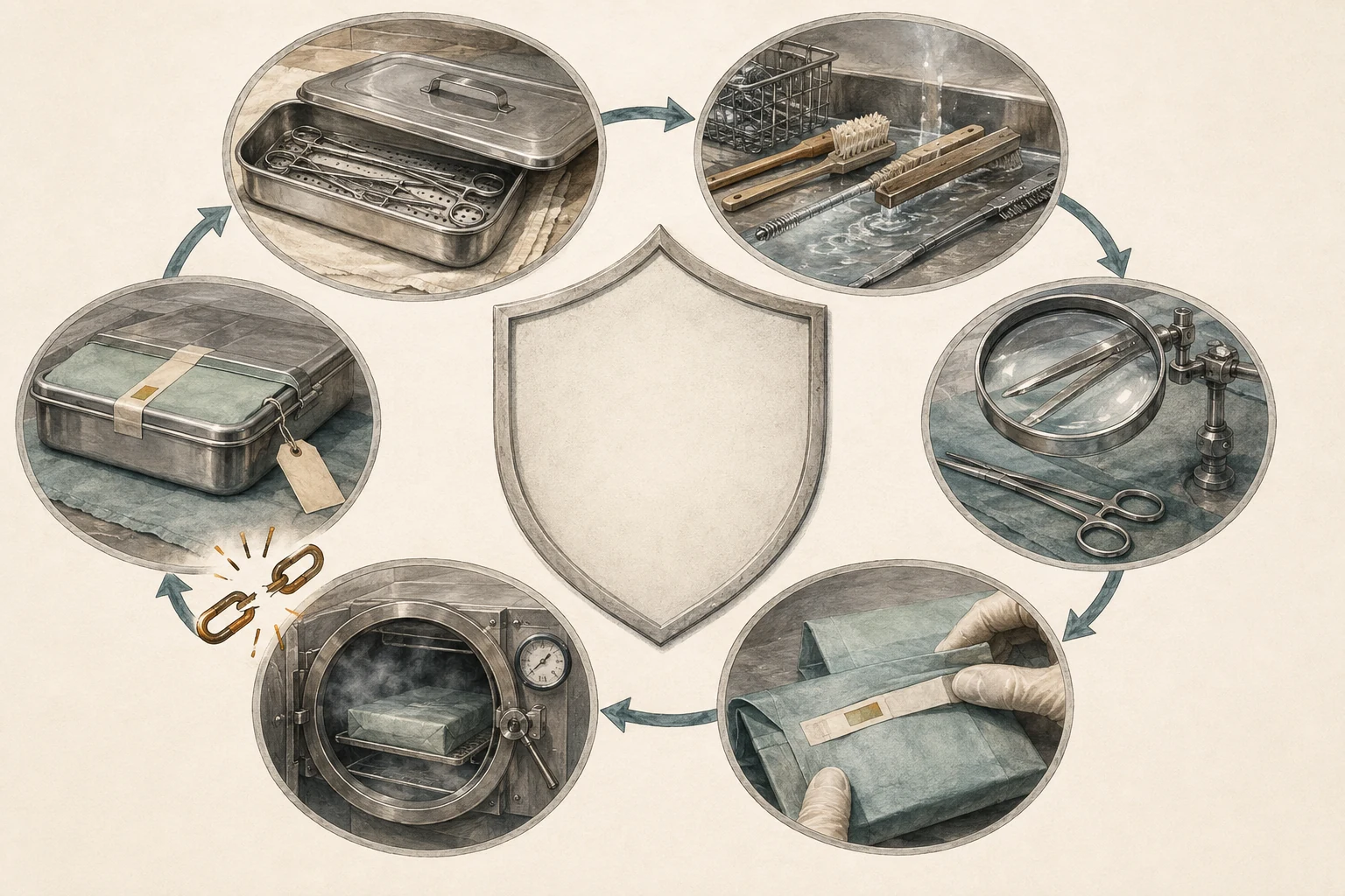 KI-generierte Illustration: Sechs Stationen verbinden Annahme, Reinigung, Prüfung, Verpackung, Dampfprozess und geschützte Bereitstellung
