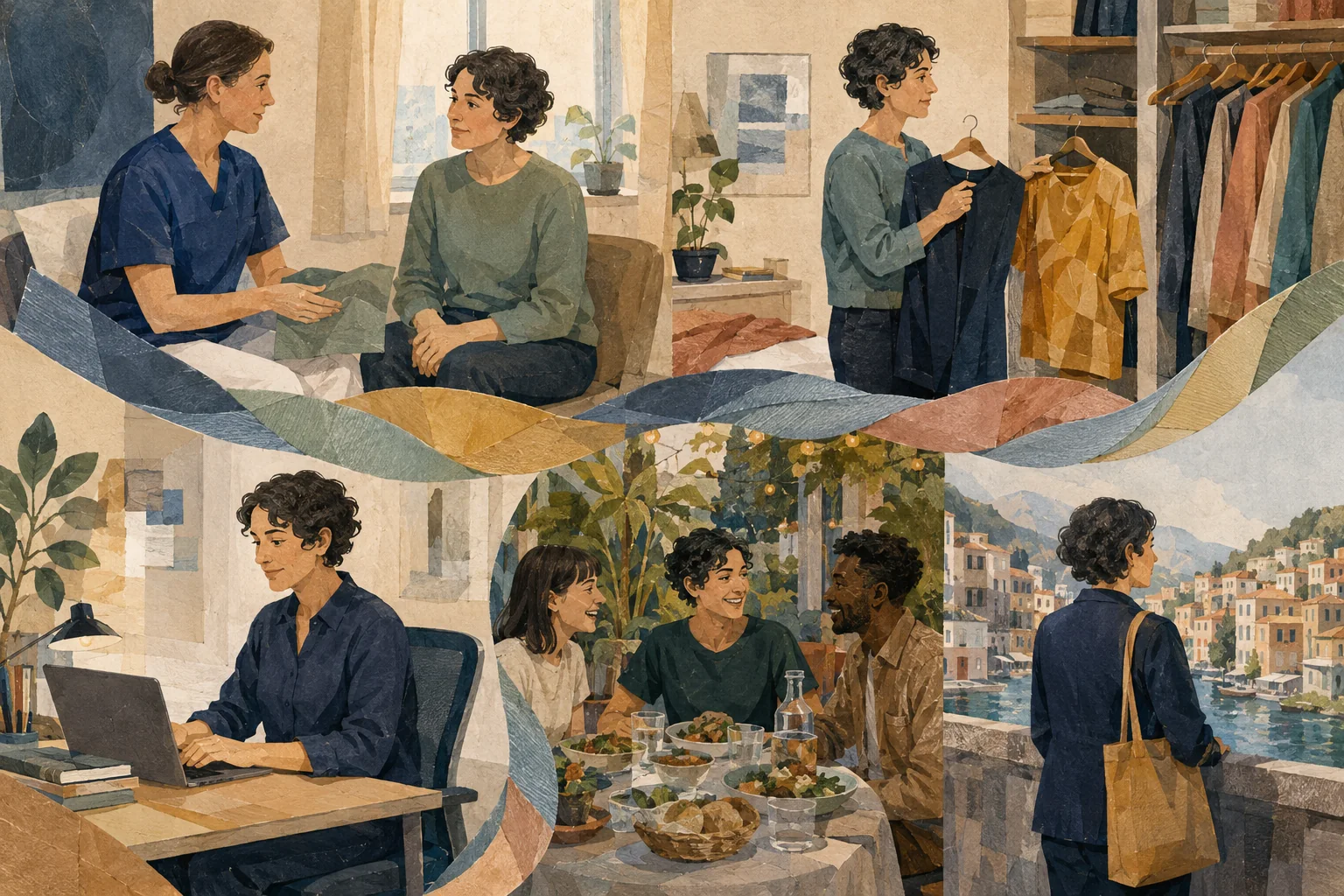 KI-generierte Illustration: Eine fiktive Person lernt diskret Selbstversorgung und nimmt anschließend an Kleidungsauswahl, Arbeit, Essen mit Freunden und einer Reise teil