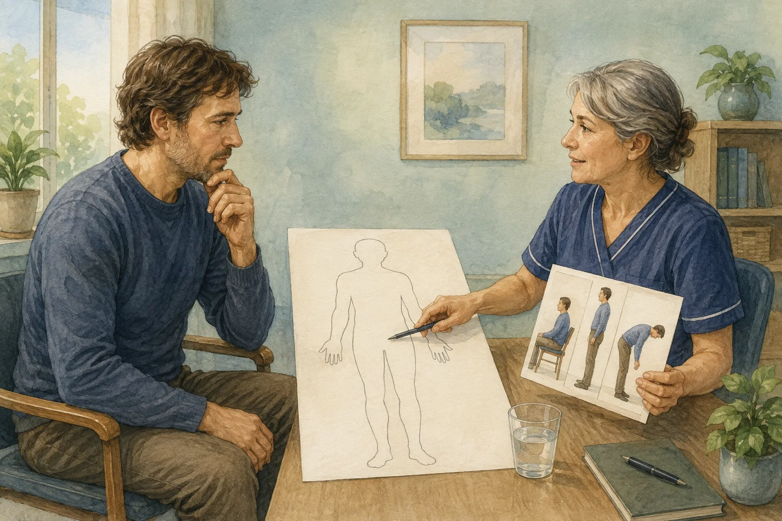 KI-generierte Illustration: Eine vollständig bekleidete fiktive Person bespricht mit einer Pflegefachperson anhand leerer Körpersilhouette und verschiedener Haltungen den Alltag vor einer Stomaoperation