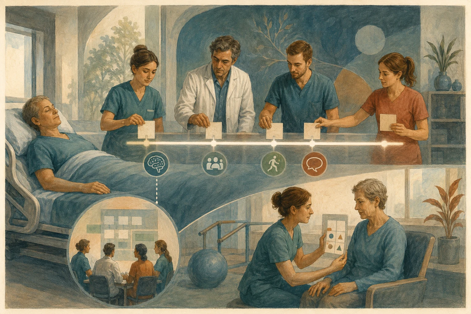 KI-generierte Illustration: In einer fiktiven Stroke Unit verbinden Pflege, Medizin und Therapie Beobachtungskarten, Kommunikation und frühe Aktivität zu einer gemeinsamen Zeitleiste