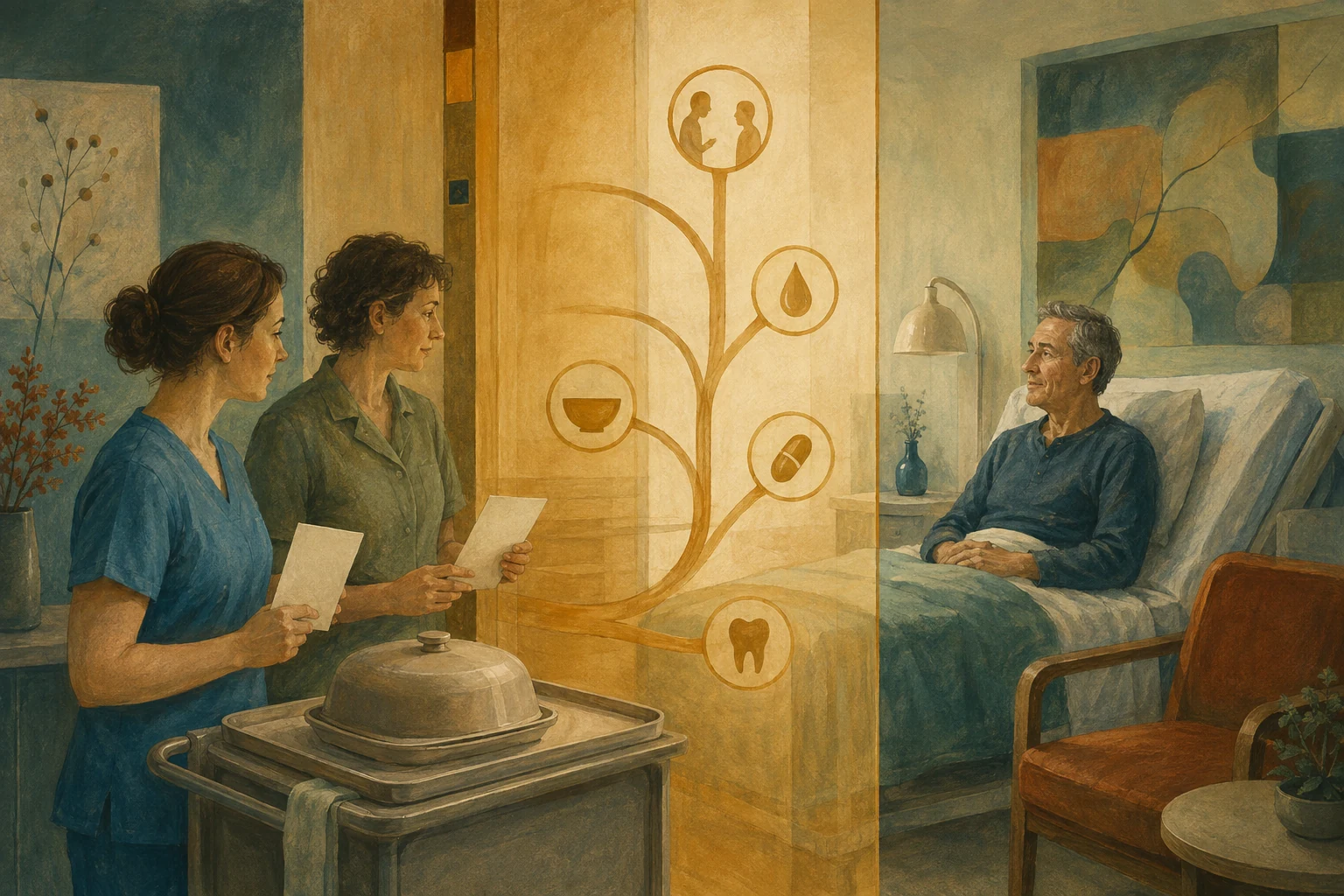 KI-generierte Illustration: Vor einem fiktiven Patientenzimmer bleibt ein neutrales Tablett an einer transparenten Schwelle stehen, während Pflege und Sprachtherapie gemeinsam einen individuellen sicheren Weg vorbereiten