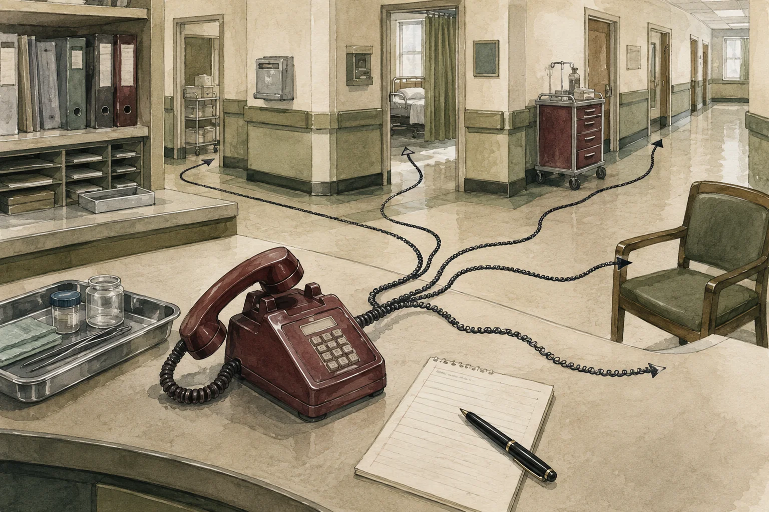 KI-generierte Illustration: Ein unmarkiertes Stationsschreibtischtelefon ist mit abstrakten Wegen zu Bett, Labor, Übergabe und Außenkontakt verbunden