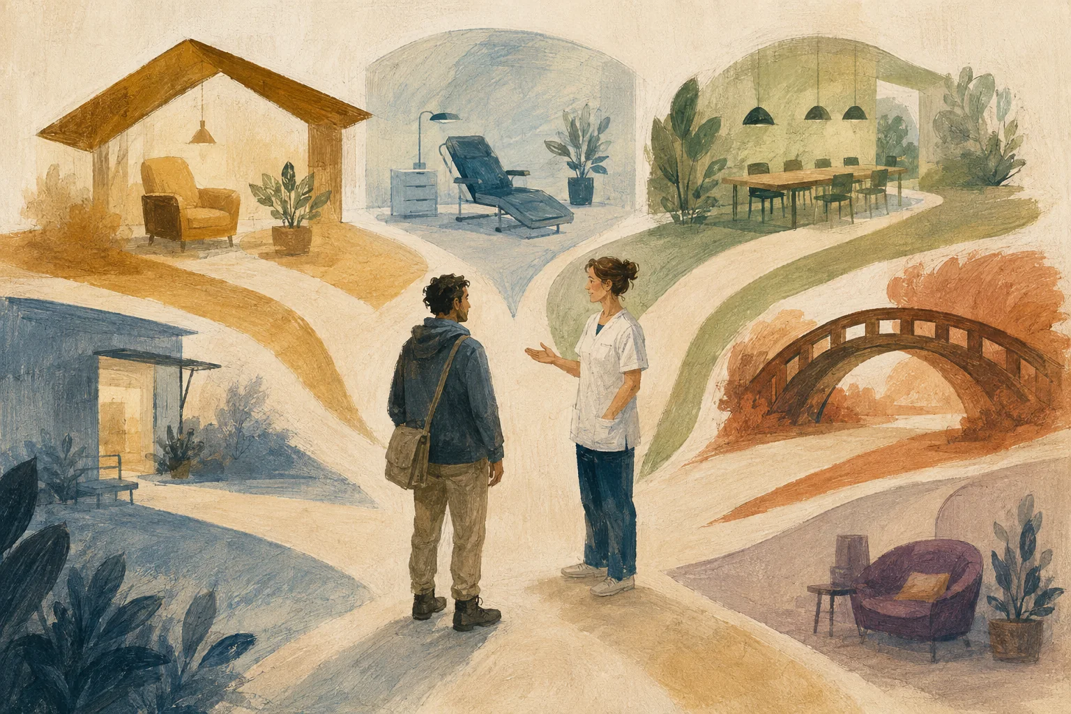 KI-generierte Illustration: Eine fiktive Pflegefachperson empfängt eine erwachsene Person an einer Wegkreuzung mit gleichwertigen Zugängen zu Akuthilfe, Behandlung, Schadensminderung und sozialer Unterstützung
