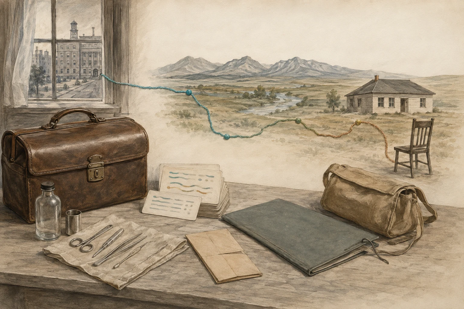 KI-generierte Illustration: Pflegetasche, Instrumente, leere Mappe und abstrakte Kommunikationskarten verbinden ein erfundenes Krankenhausfenster mit Landschaft, Haus und leerem Gesprächsstuhl