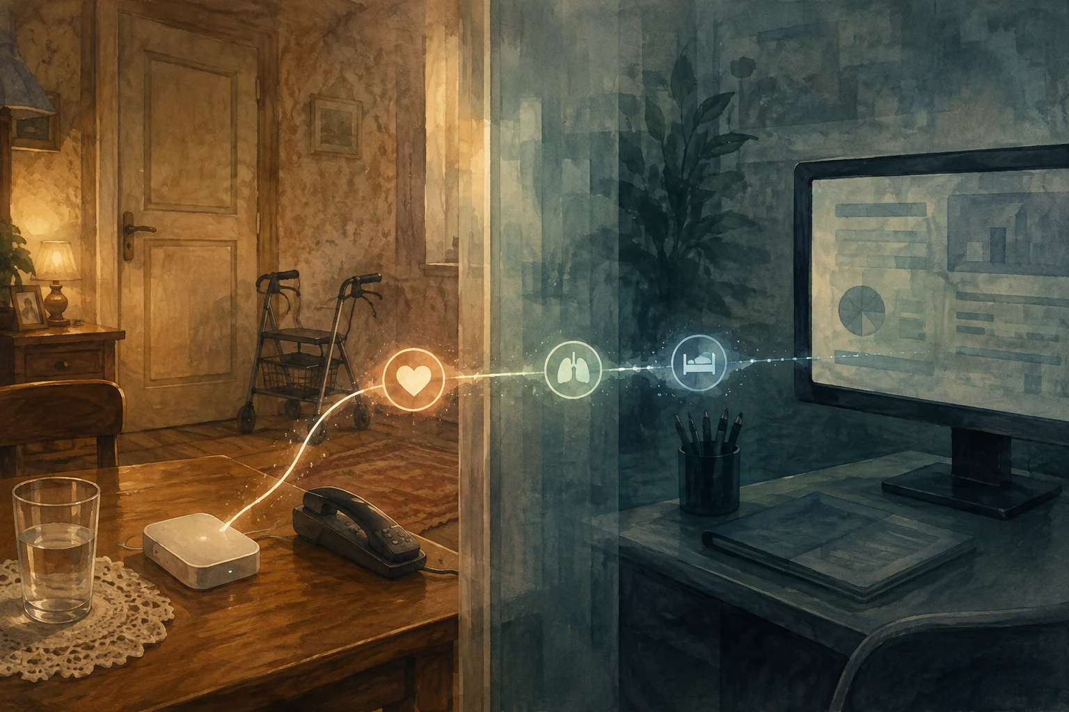 KI-generierte Illustration: Ein häuslicher Tisch und ein neutraler Koordinationsarbeitsplatz sind durch abstrakte Signale verbunden, während Tür, Wasserglas und Gehhilfe außerhalb des Datenstroms bleiben