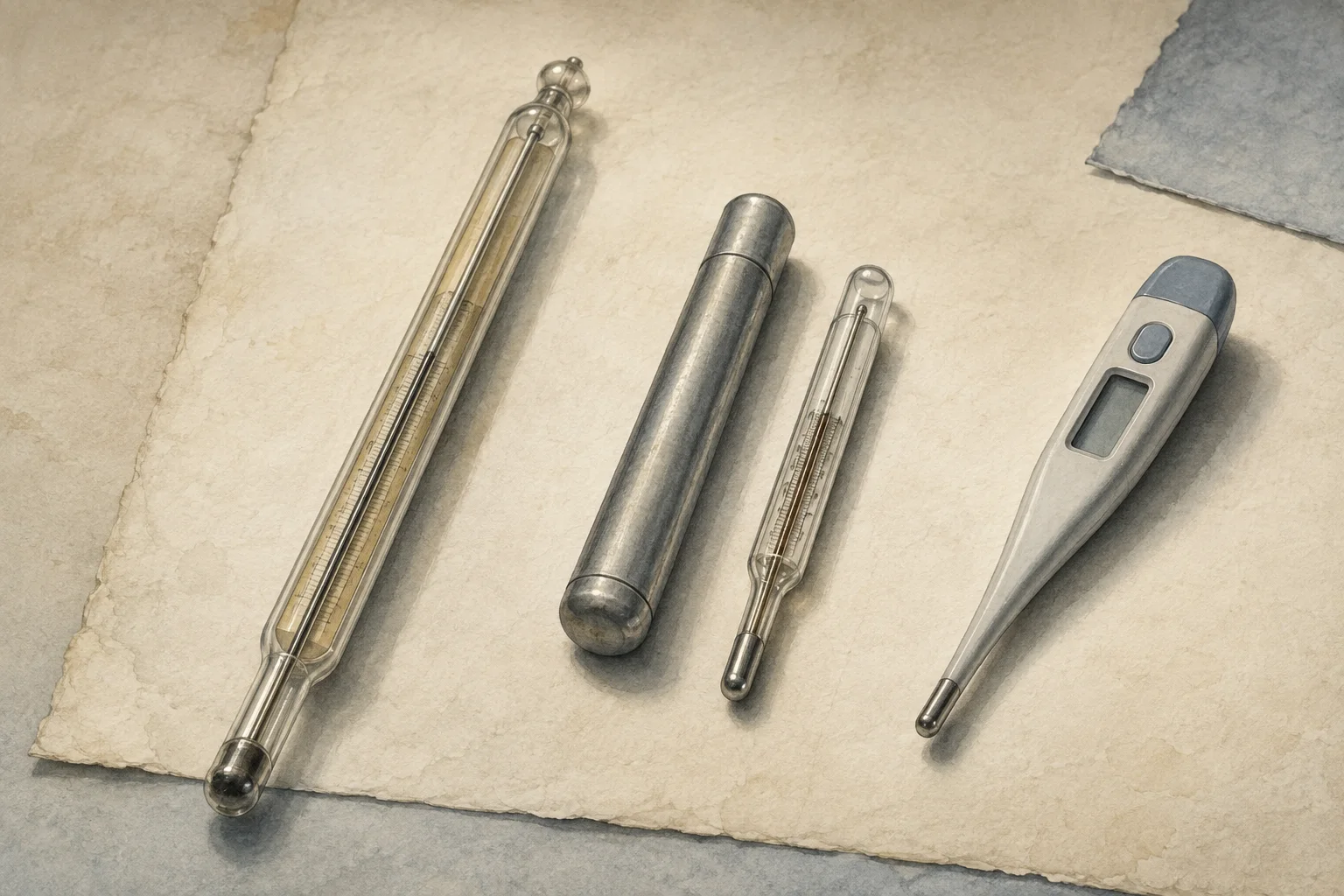 KI-generierte Illustration: Ein langes frühes Thermometer, ein Metallköcher, ein kompaktes Glasthermometer und ein Digitalthermometer liegen nebeneinander