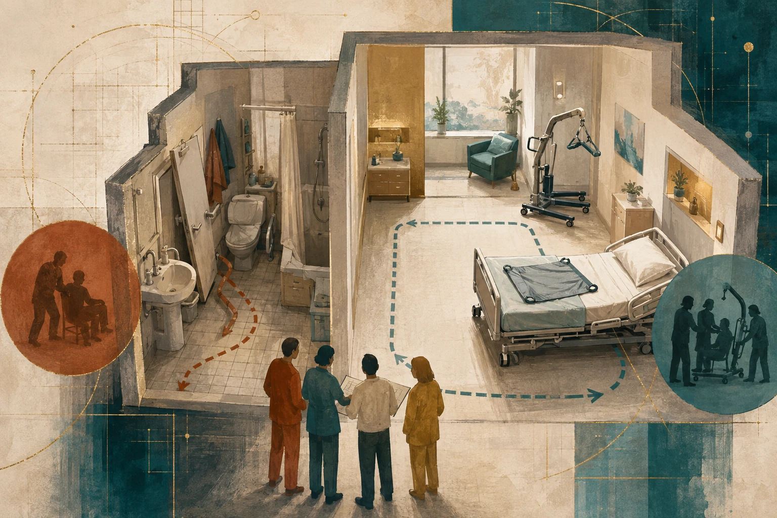 KI-generierte Illustration: Gegenüberstellung eines engen Badebereichs und eines zugänglichen Pflegezimmers mit freien Bewegungswegen, erreichbaren Hilfsmitteln und einem planenden Team