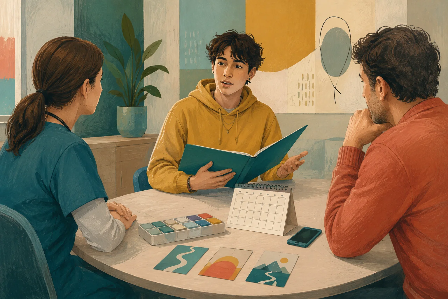 KI-generierte Illustration: Eine fiktive Jugendliche führt mit eigener Mappe das Gespräch, während Pflegefachperson und Elternteil aufmerksam zuhören
