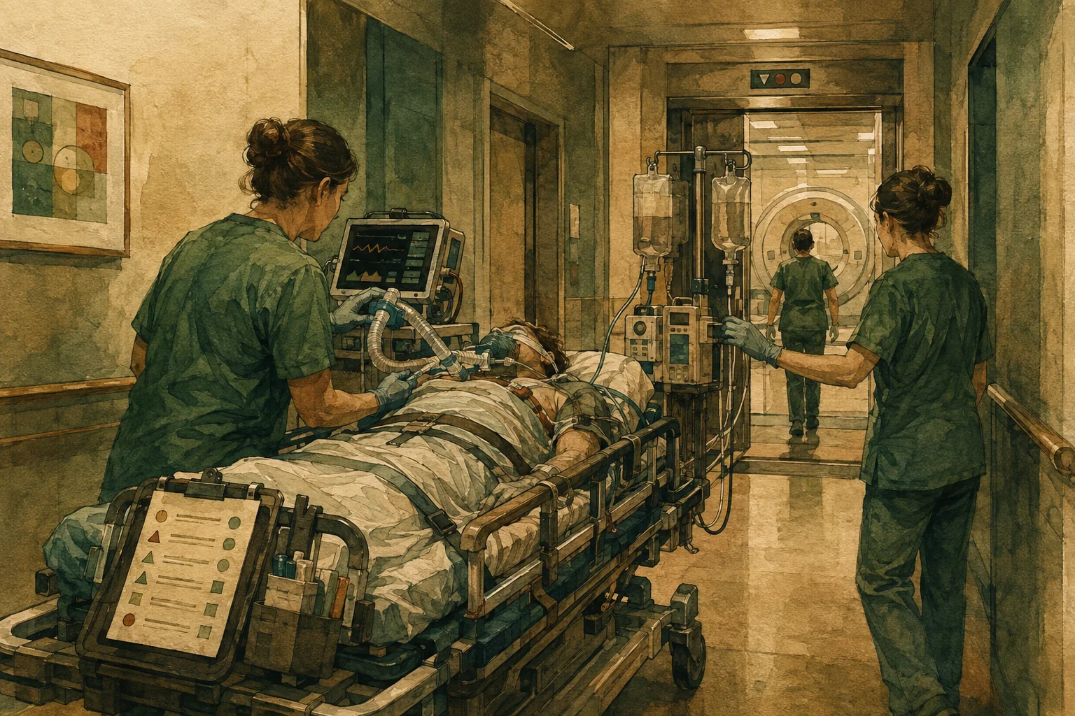 KI-generierte Illustration: Ein fiktives Transportteam begleitet einen beatmeten kritisch kranken Menschen mit mobilen Infusionen durch einen engen Flur zur Bildgebung