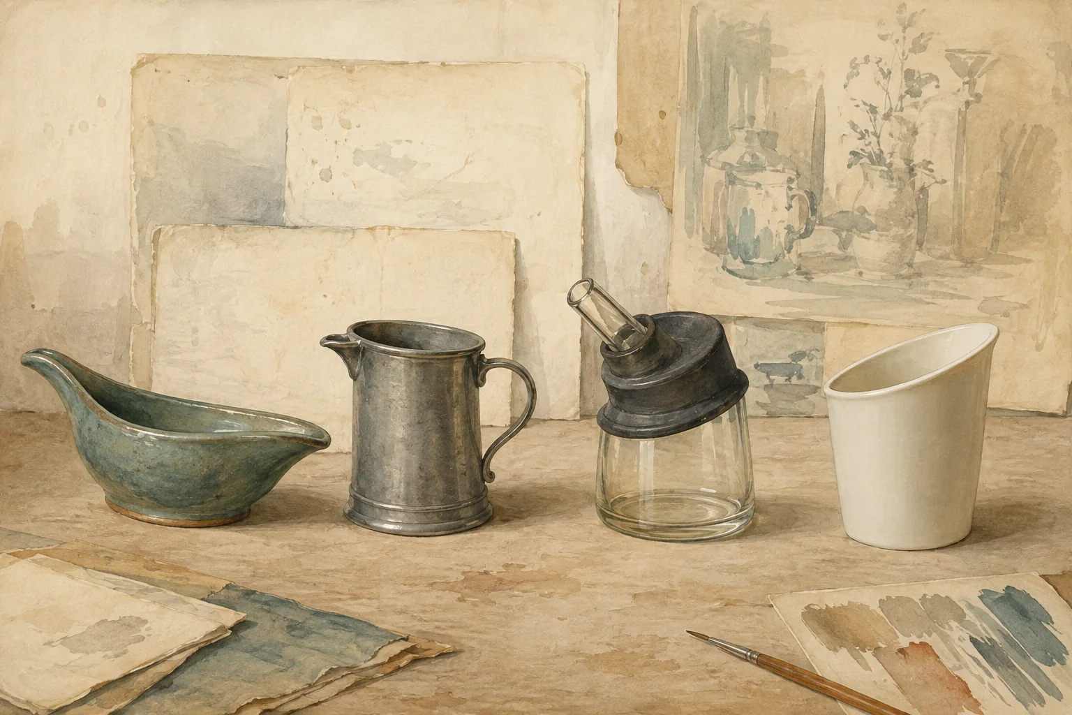 KI-generierte Illustration: Vier frei entworfene historische und moderne Trinkhilfen aus Keramik, Metall, Glas und hellem Werkstoff stehen auf einem Museumstisch