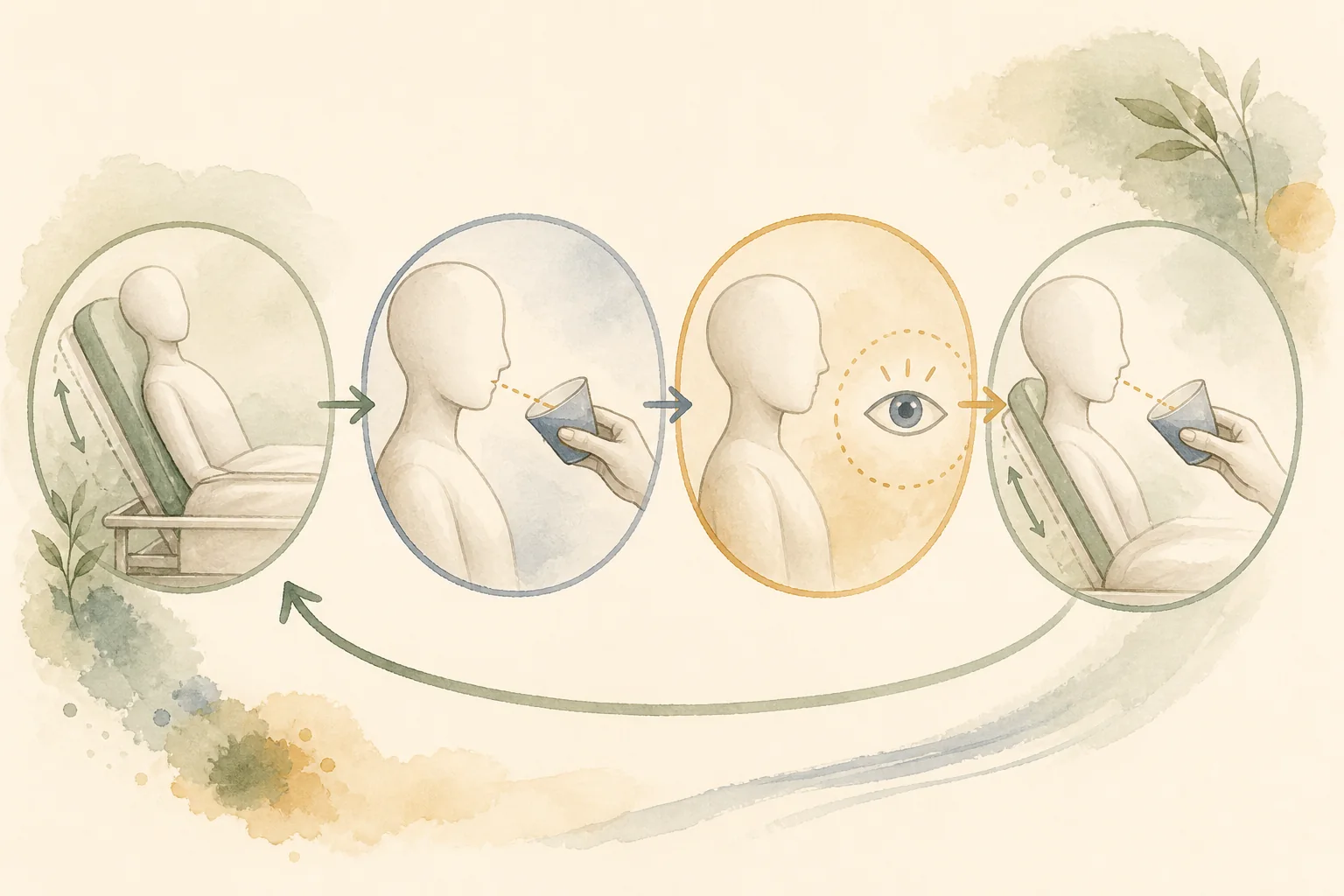 KI-generierte Illustration: Eine gesichtslose Modellfigur wird aufgerichtet, erhält einen kleinen Schluck aus einem neutralen Becher und wird anschließend beobachtet