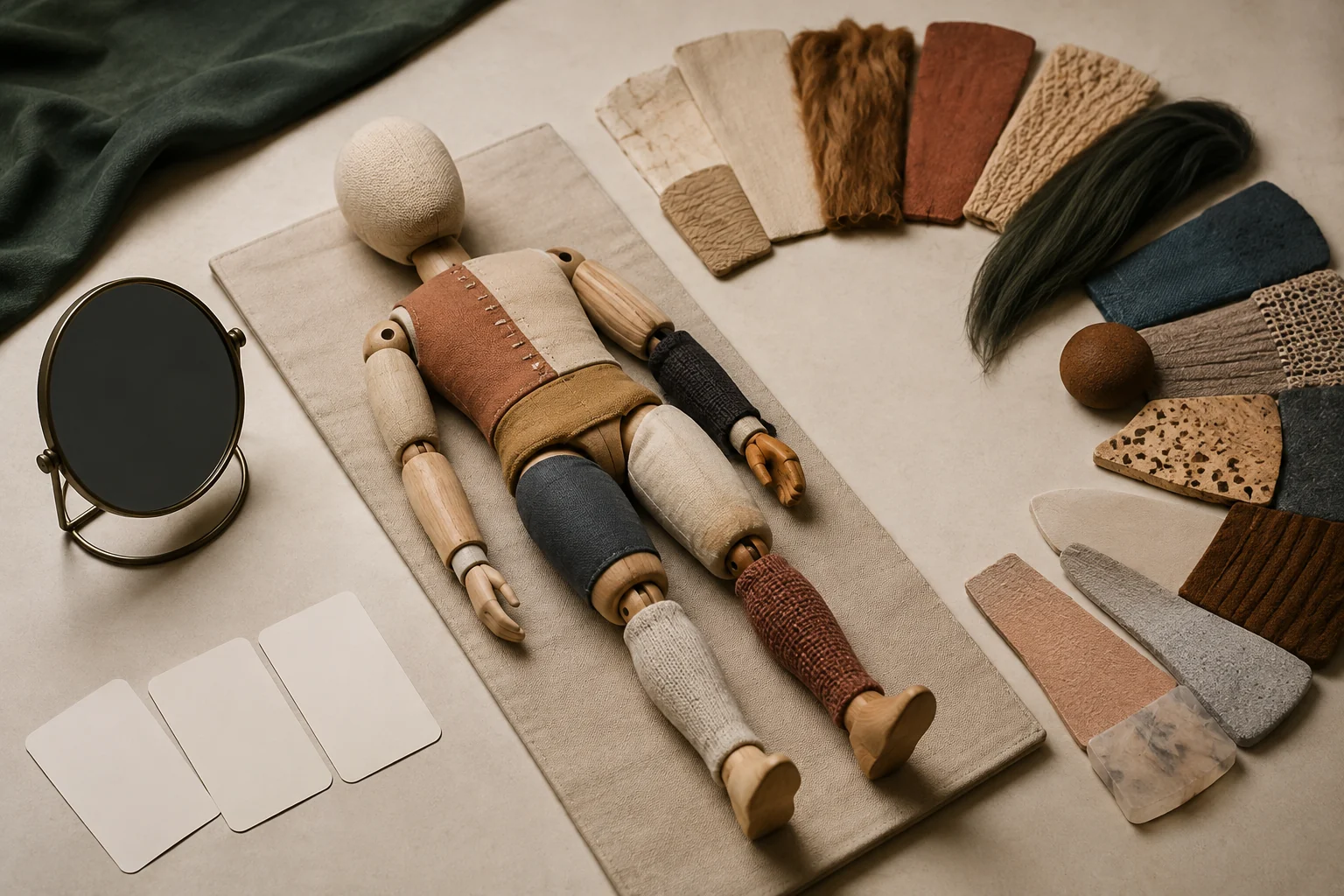 KI-generierte Illustration: Eine gesichtslose Übungsfigur aus Holz und Stoff liegt zwischen leeren Szenariokarten, einem abgewandten Spiegel und vielen unterschiedlichen Materialproben