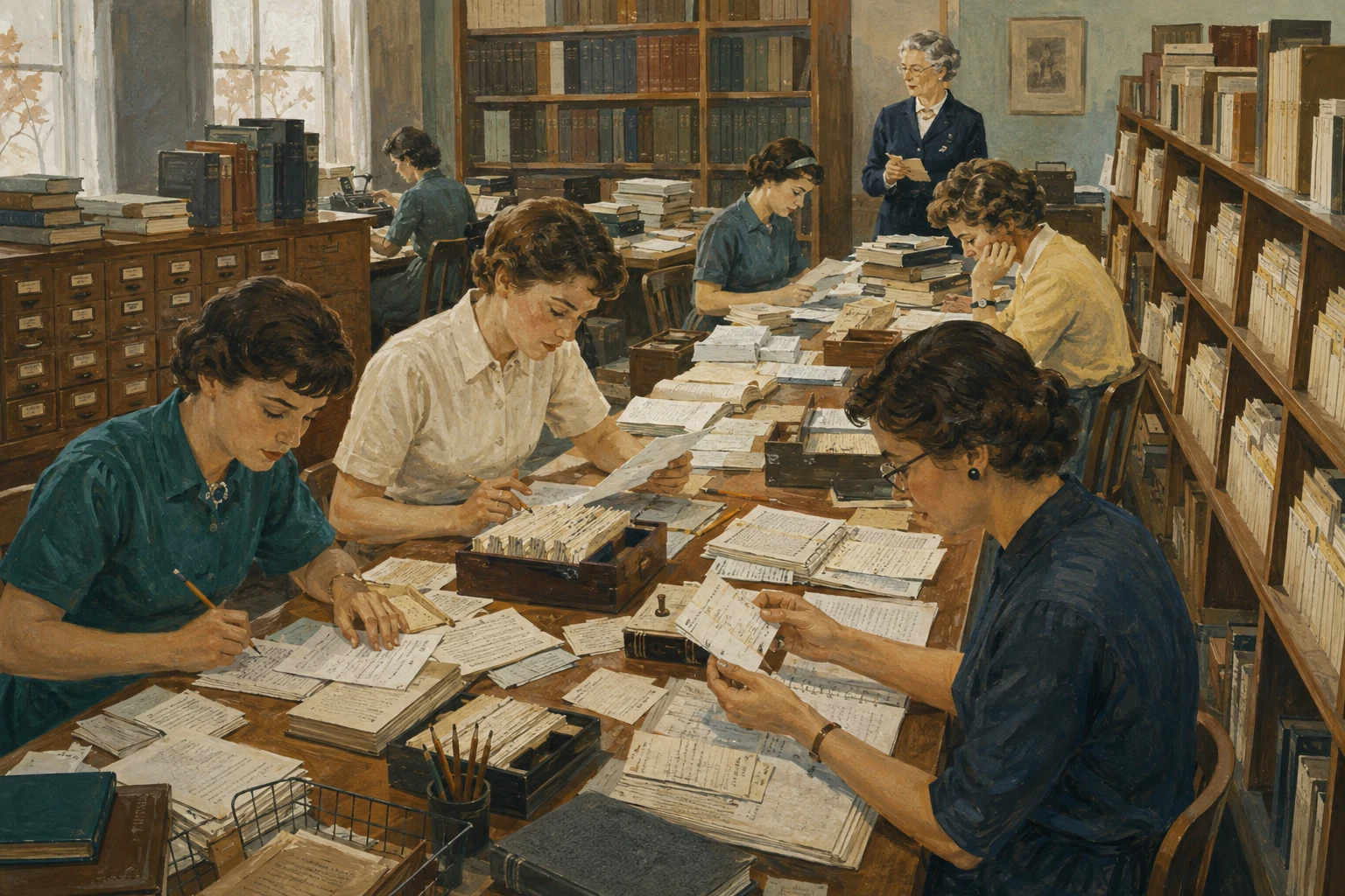 KI-generierte Illustration: Ein fiktives Bibliotheksteam ordnet Pflegezeitschriften und Karteikarten zu einem großen Forschungsindex