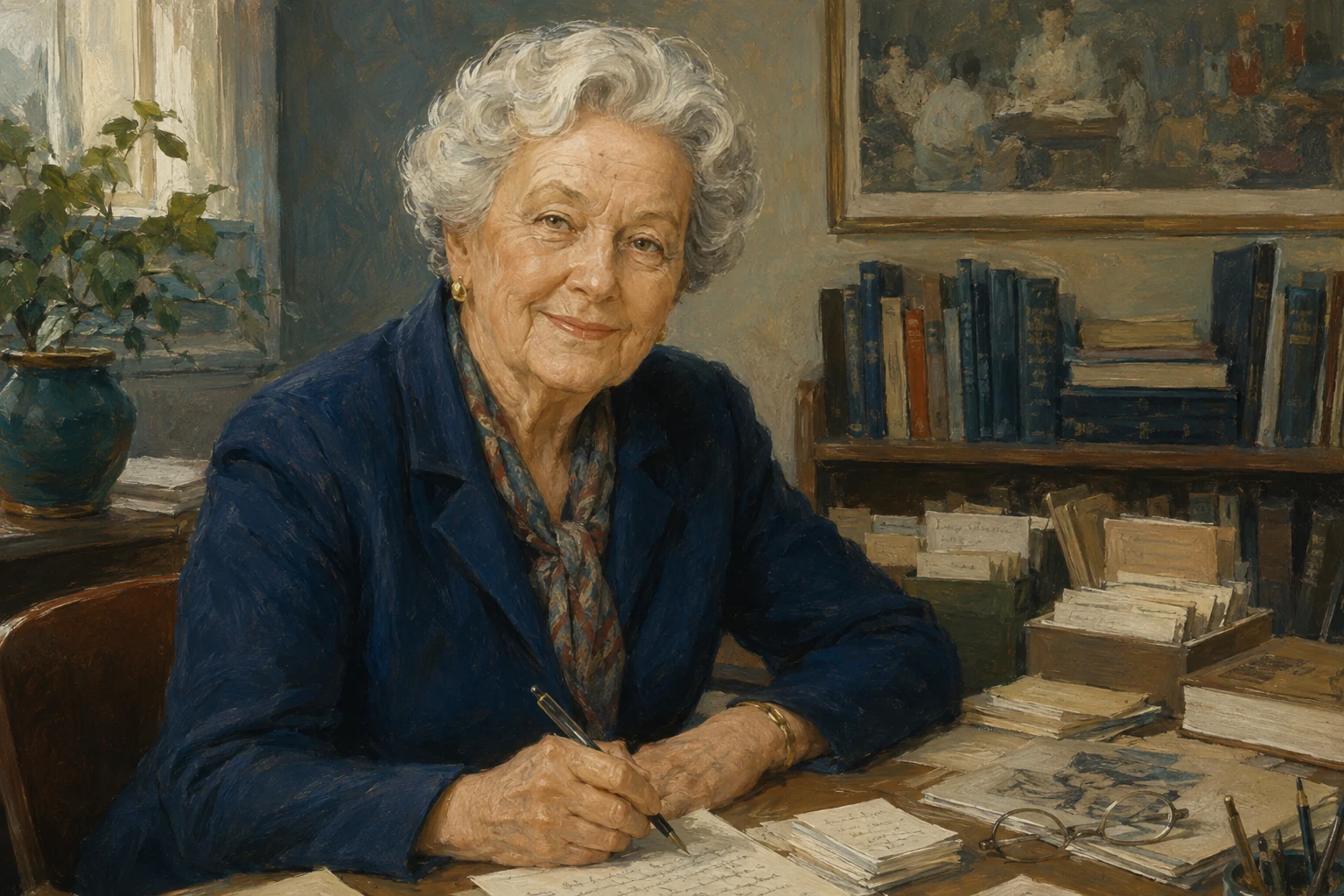 KI-generierte Illustration: Die ältere Virginia Henderson sitzt in einem dunkelblauen Kostüm an einem Forschungstisch mit Karteikarten und Büchern