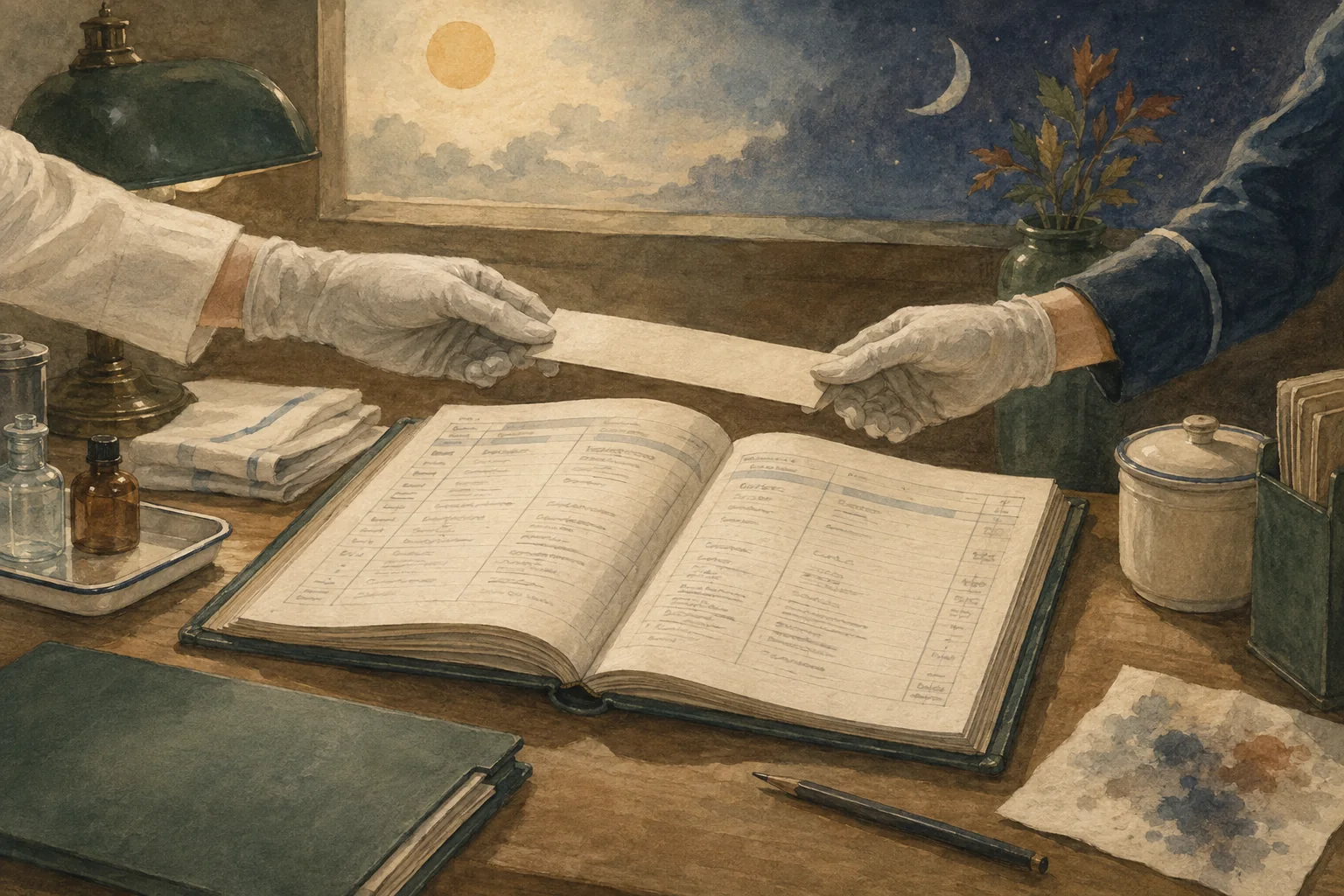 KI-generierte Illustration: Zwei behandschuhte, nicht identifizierbare Hände übergeben über einem offenen Rapportbuch einen leeren Streifen zwischen Tages- und Nachtseite