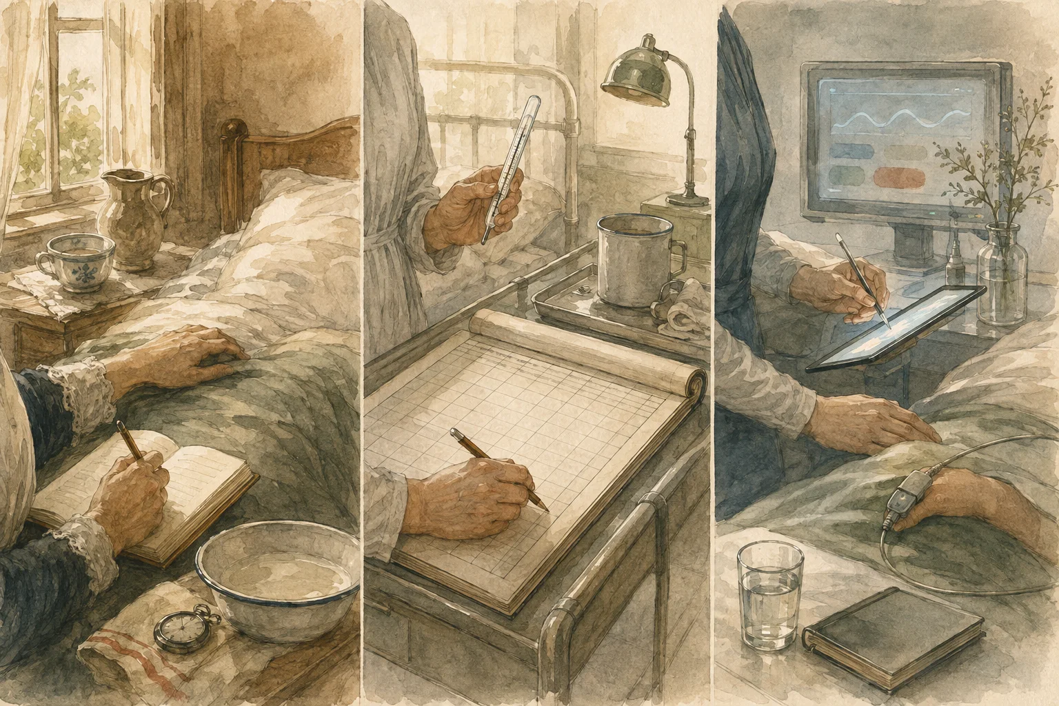 KI-generierte Illustration: Drei Szenen verbinden häusliche Beobachtung, handschriftliche Kurve und digitale Überwachung