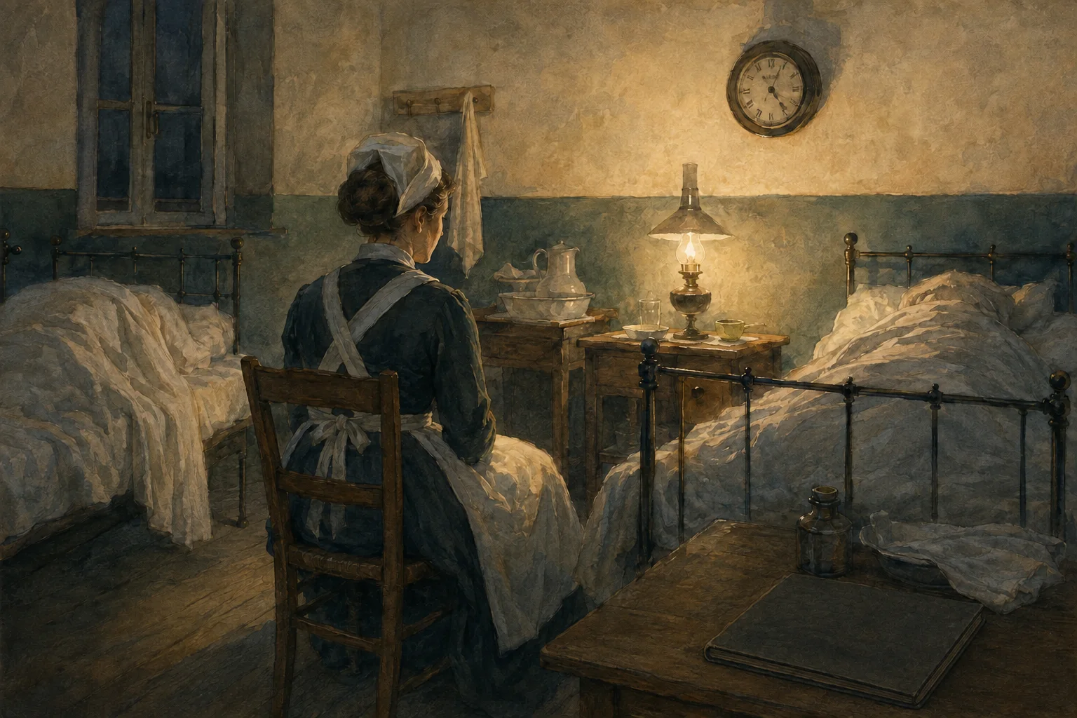 KI-generierte Illustration: Eine Pflegende sitzt nachts zwischen zwei Betten in einem schlicht eingerichteten Krankenzimmer