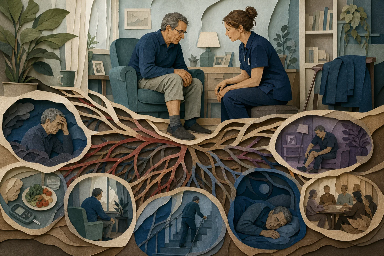 KI-generierte Illustration: Unter einer fiktiven Person mit bedecktem Bein verzweigt sich ein abstraktes Netz zu Bewegung, Stoffwechsel, Durchblutung, Schlaf, Schmerz und sozialem Alltag