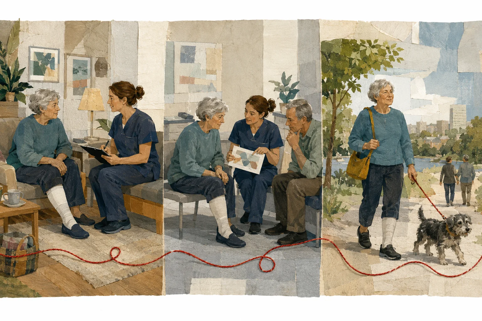 KI-generierte Illustration: Eine fiktive ältere Person mit bedecktem Unterschenkel wird zuhause, bei gemeinsamer Fallbesprechung und auf einem gewünschten Spazierweg begleitet