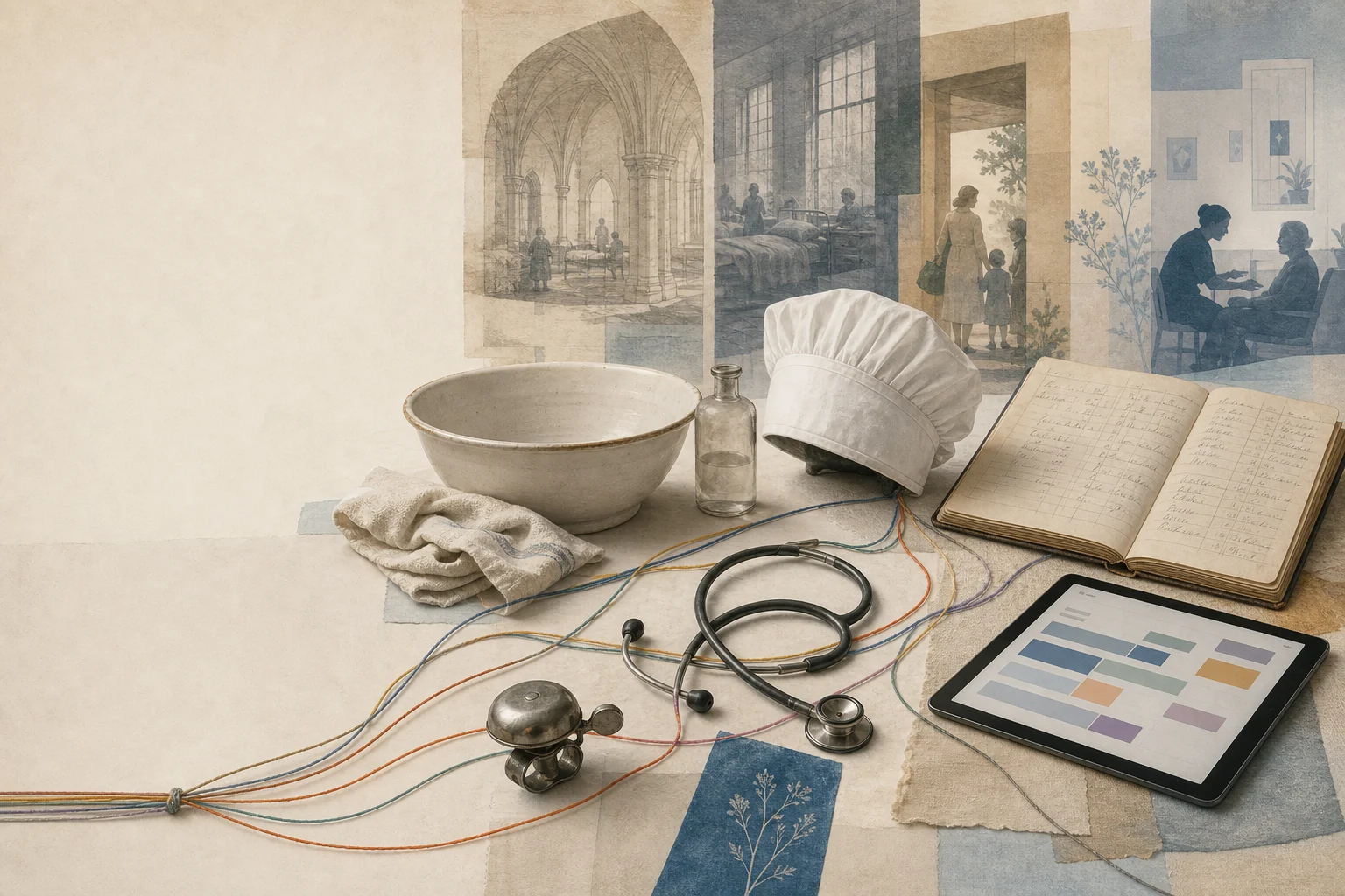 KI-generierte Illustration: Ein Museumstisch verbindet Waschschüssel, Leinen, Haube, Register, Fahrradklingel, Stethoskop und Tablet über farbige Fäden
