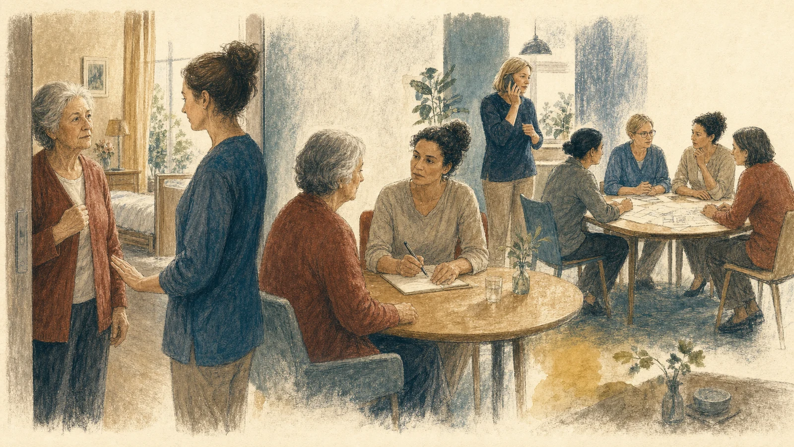 Steinlithografie: Eine Bewohnerin erhält sicheren Abstand und Unterstützung, schildert ihre Beobachtung einer unabhängigen Kollegin; Leitung aktiviert einen Meldeweg und ein Team verbessert später den Ablauf