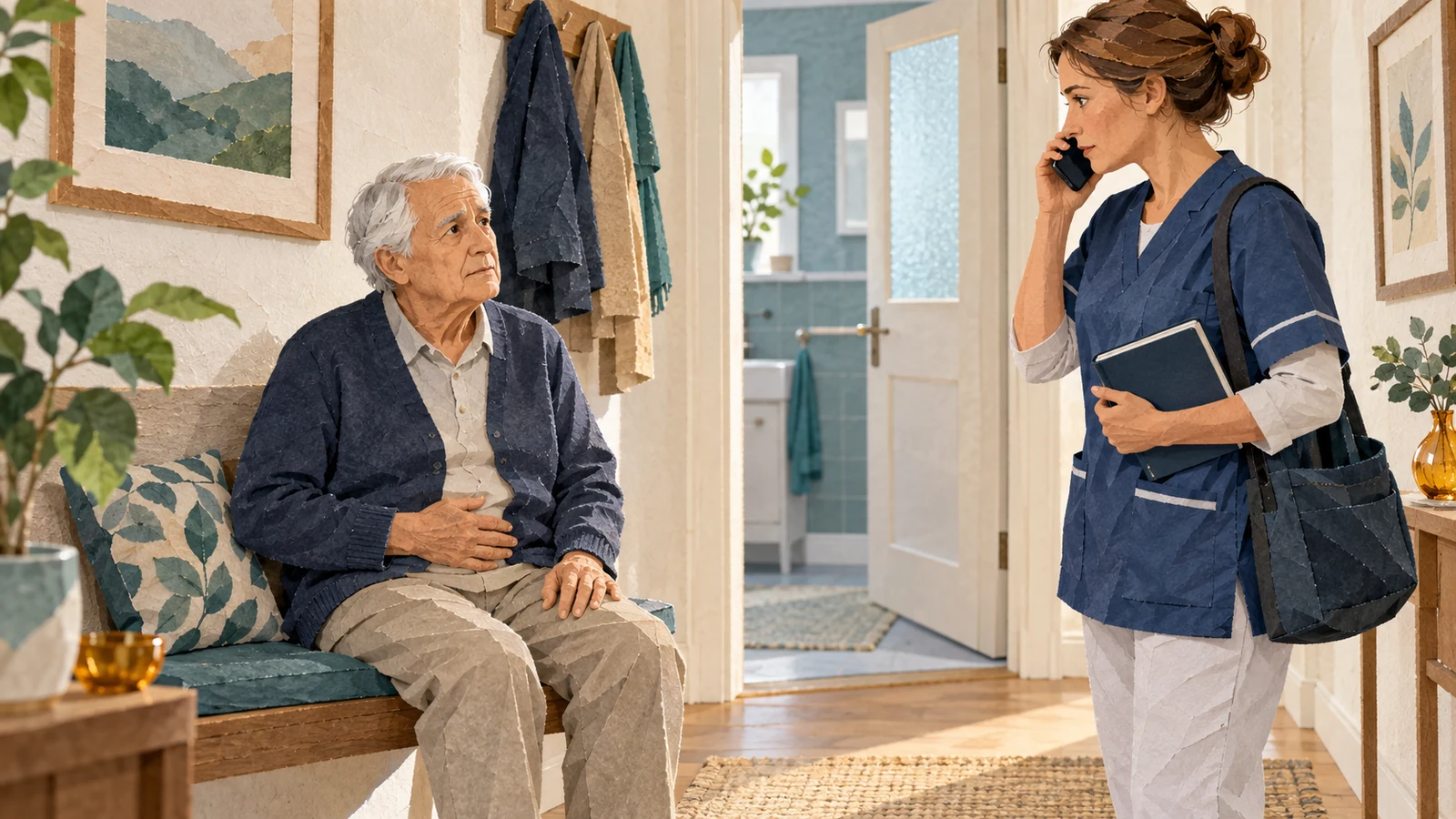 Eine ältere Person sitzt vollständig bekleidet nahe der Badezimmertür und hält eine Hand am Unterbauch, während eine ambulante Pflegefachperson mit Telefon und geschlossenem Notizbuch medizinische Hilfe organisiert