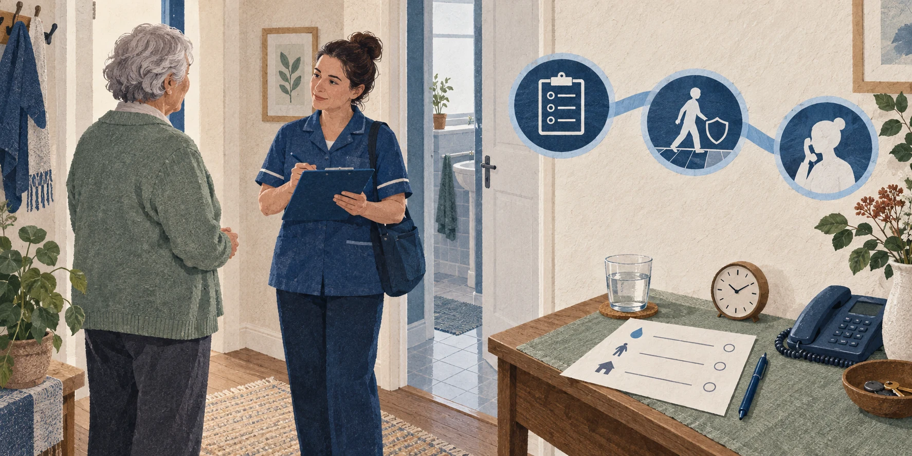 Eine ältere Frau und eine ambulante Pflegefachperson sprechen in einer Wohnung; eine ruhige Blaudruck-Collage verbindet Beobachtung, sicheren Toilettenweg und telefonische Rückmeldung