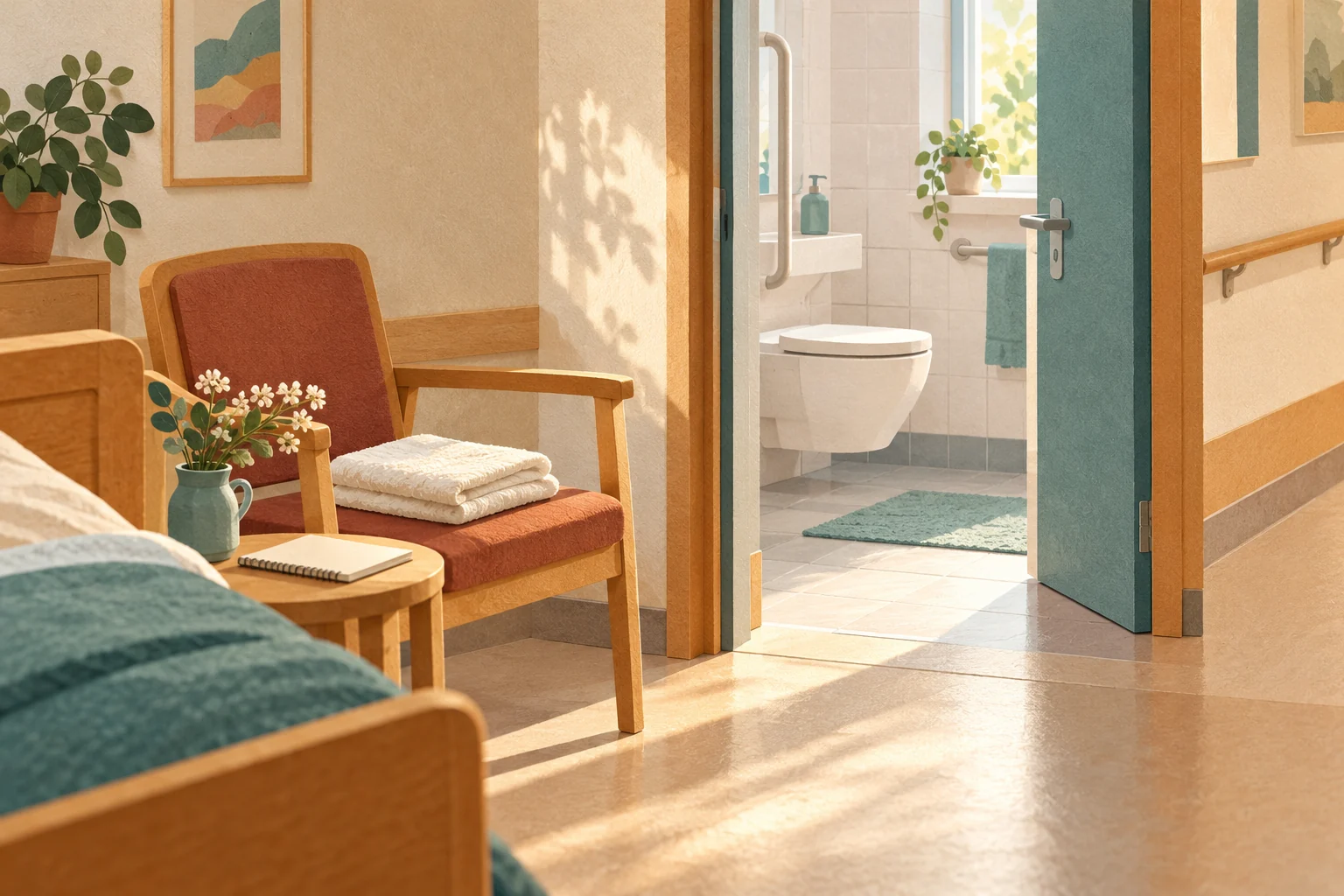 Ruhiges Pflegeheimzimmer mit freiem Weg zum Bad, bereitgelegtem Handtuch und Notizbuch als Zeichen für diskrete Beobachtung und erreichbare Hilfe