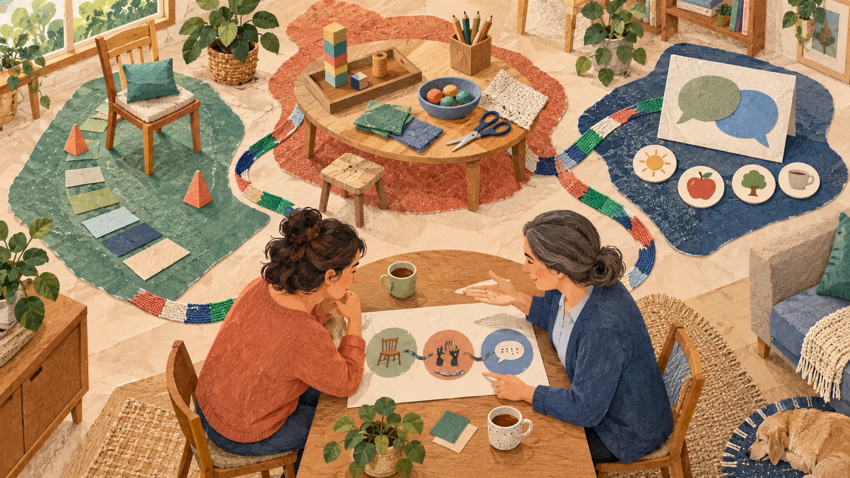 Papiercollage mit drei verbundenen Bereichen für Bewegung, Alltagstätigkeiten und Gespräch; zwei Menschen besprechen einen Therapieplan am Tisch