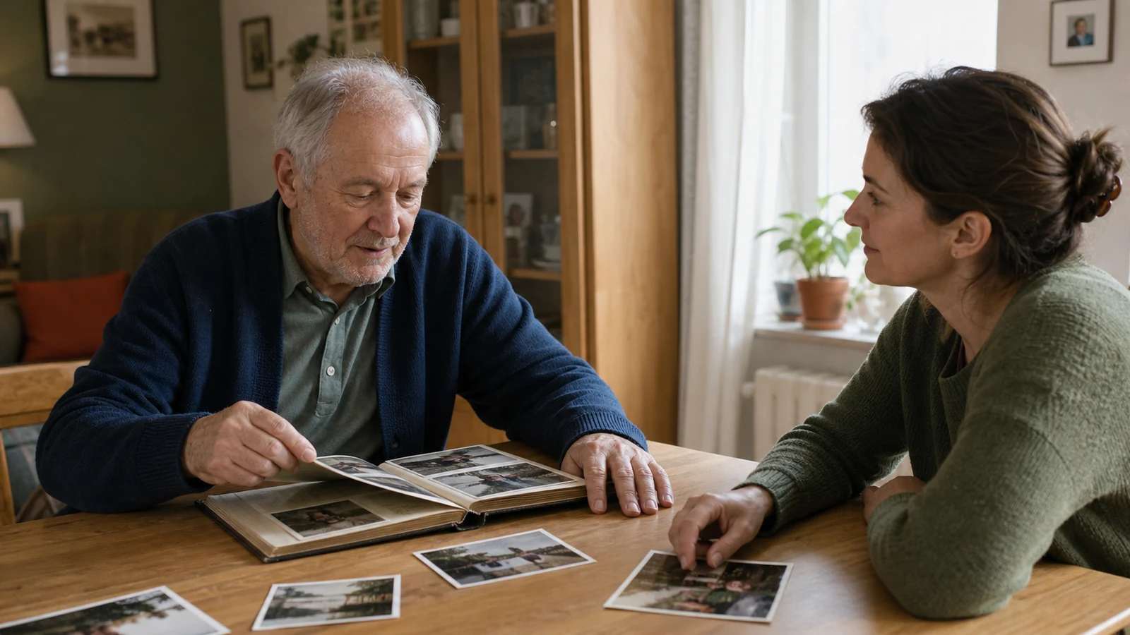 Ein älterer Mann betrachtet zu Hause gemeinsam mit seiner erwachsenen Tochter ein Fotoalbum; beide Unterarme des Mannes liegen sicher auf dem Tisch, während er selbst eine Fotoseite hält