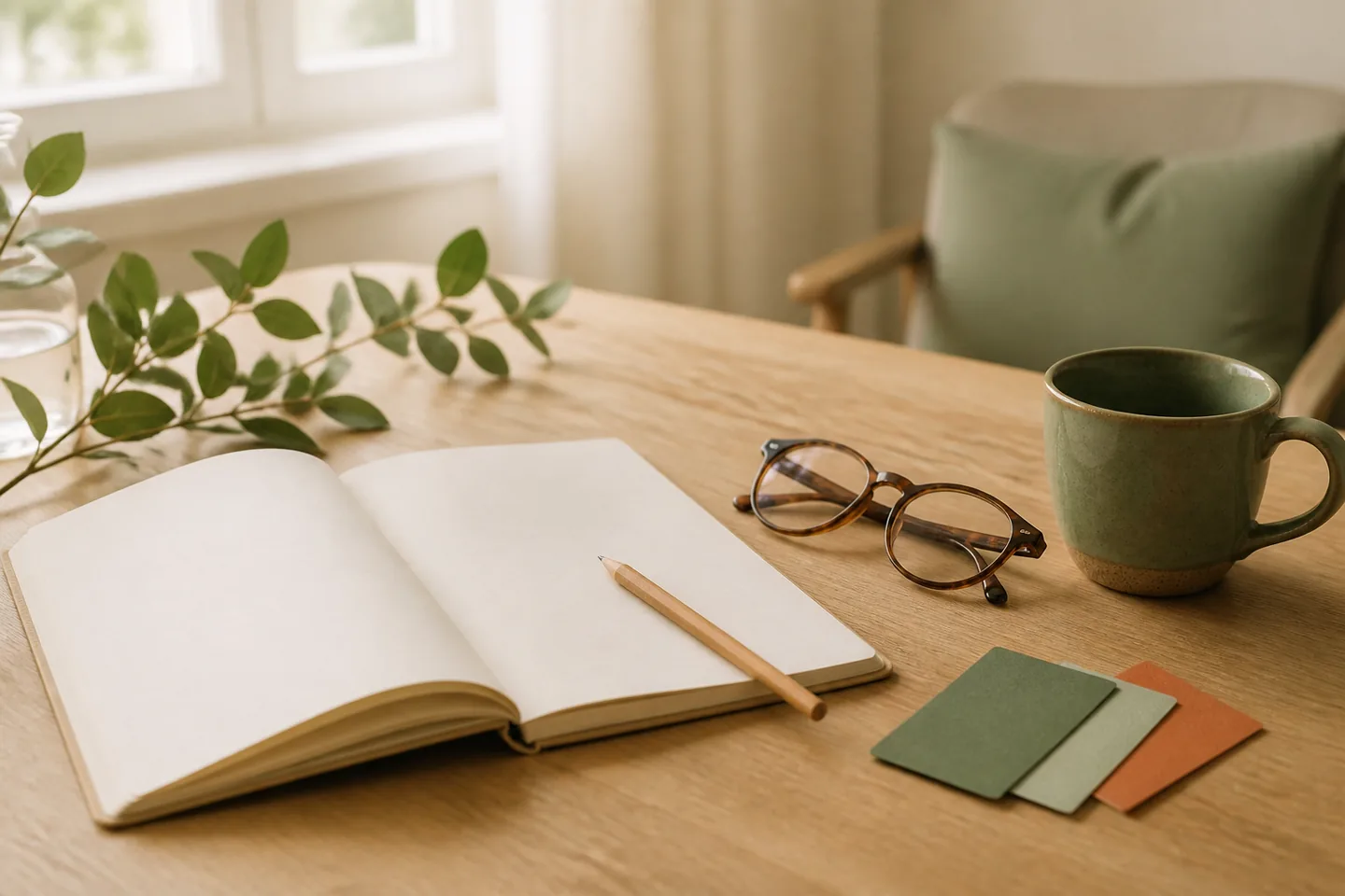 Offenes Notizbuch, Lesebrille und Tasse auf einem hellen Holztisch