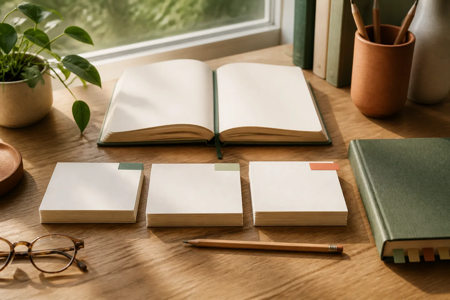 Geordnete Karteikarten, Bücher und Schreibutensilien auf einem Holztisch