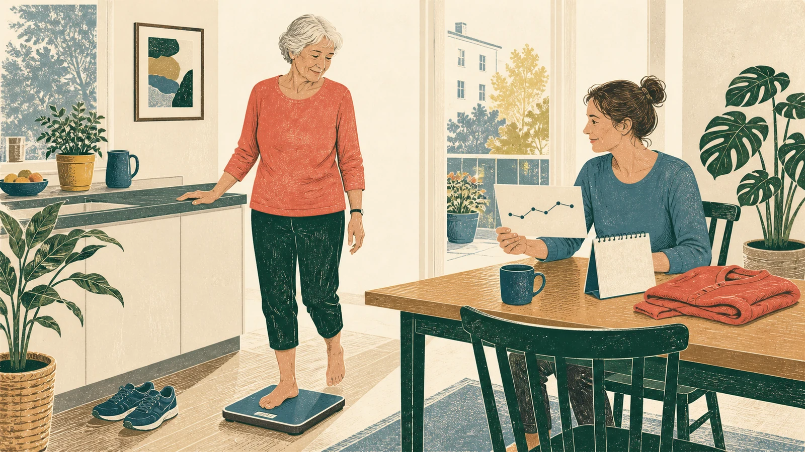 Linolschnitt-Illustration: Eine ältere Frau beendet ihre morgendliche Gewichtskontrolle, während ihre Tochter den Verlauf auf einer einfachen Karte vergleicht