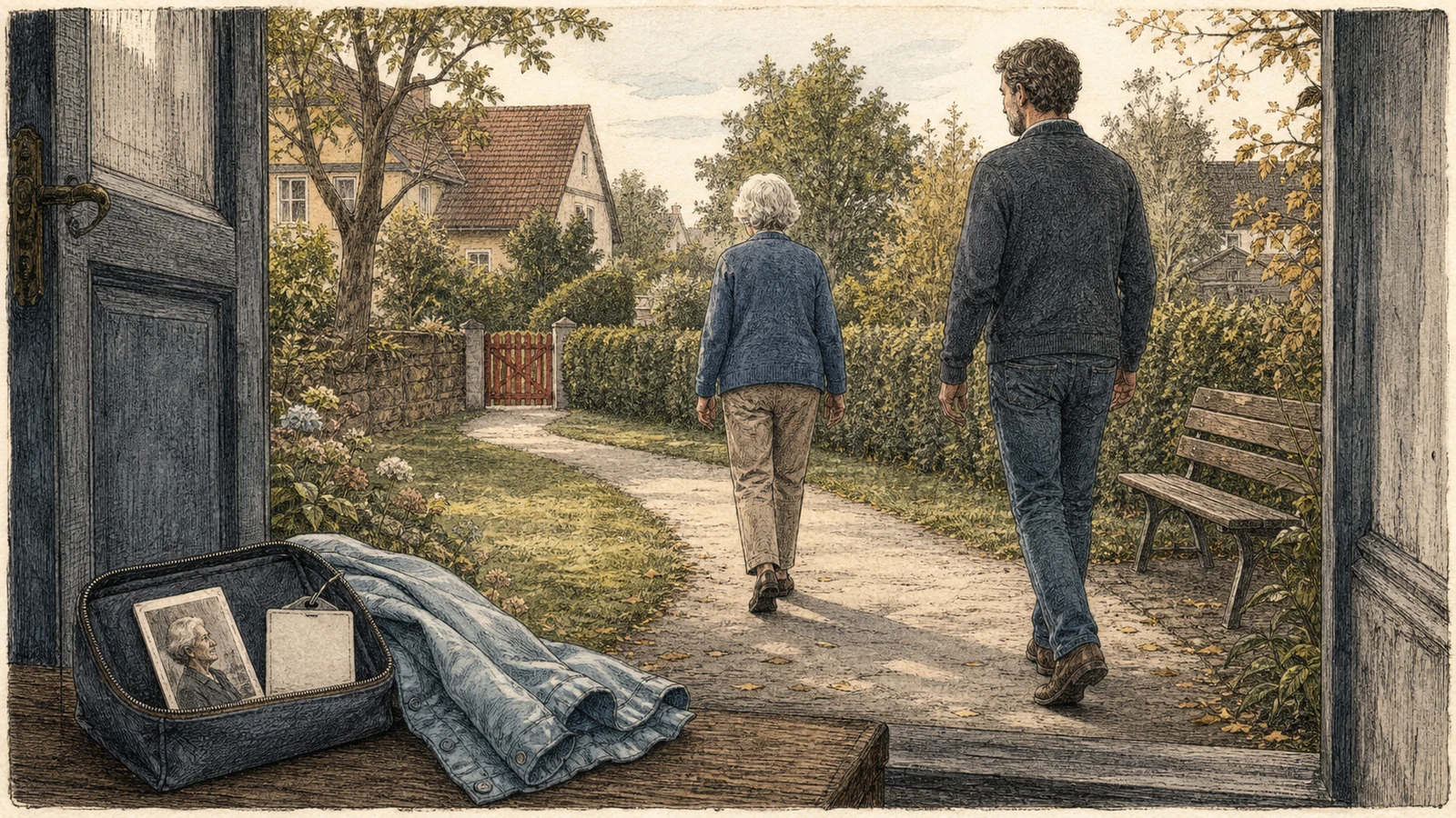 Handkolorierter Kupferstich: Eine ältere Frau geht selbstständig auf einem Gartenweg, ihr erwachsener Sohn begleitet sie mit Abstand; an der offenen Haustür liegt eine vorbereitete Tasche mit Foto, Kontaktkarte und Jacke.