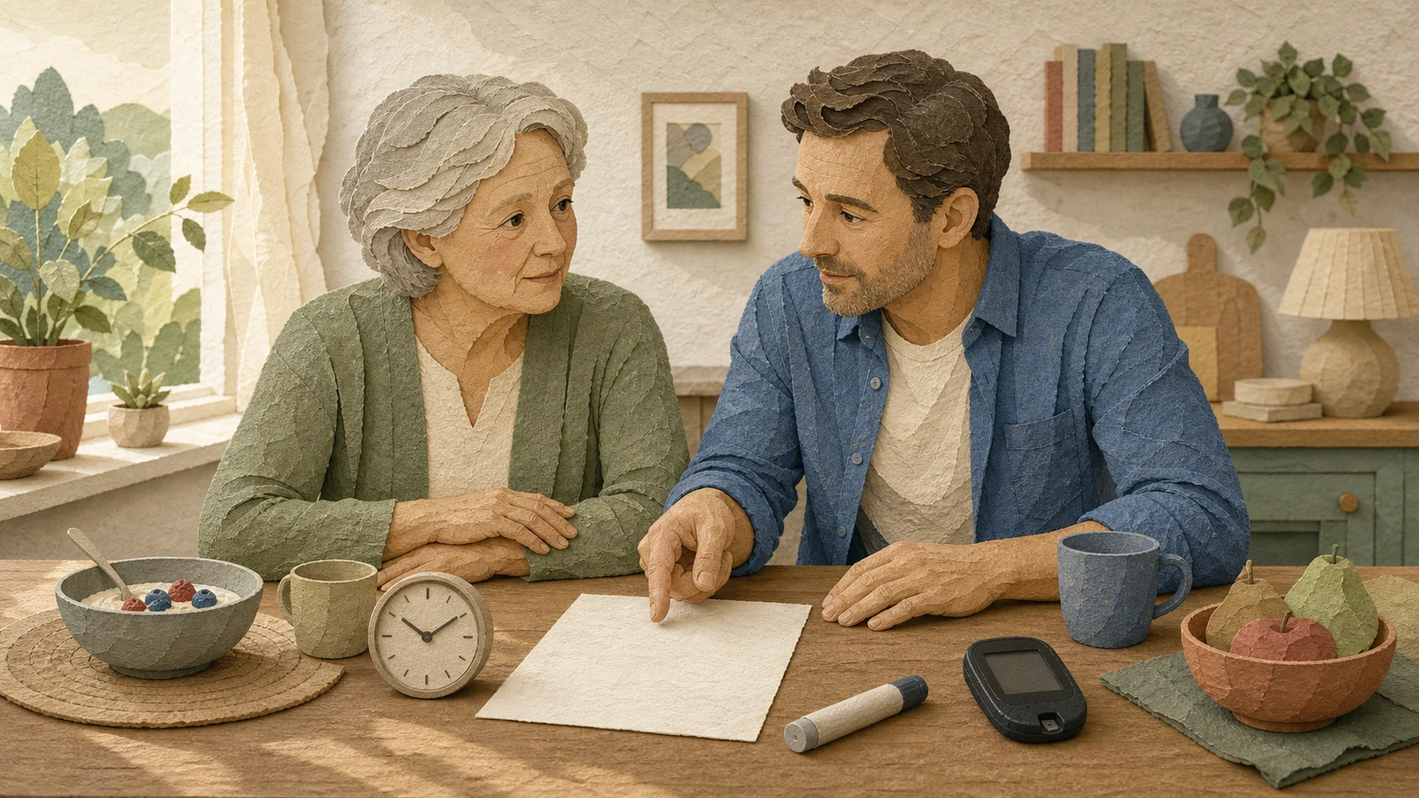Papierrelief: Eine ältere Frau und ihr erwachsener Sohn gleichen am Frühstückstisch den persönlichen Insulinplan mit Mahlzeit, Uhrzeit und Messgerät ab