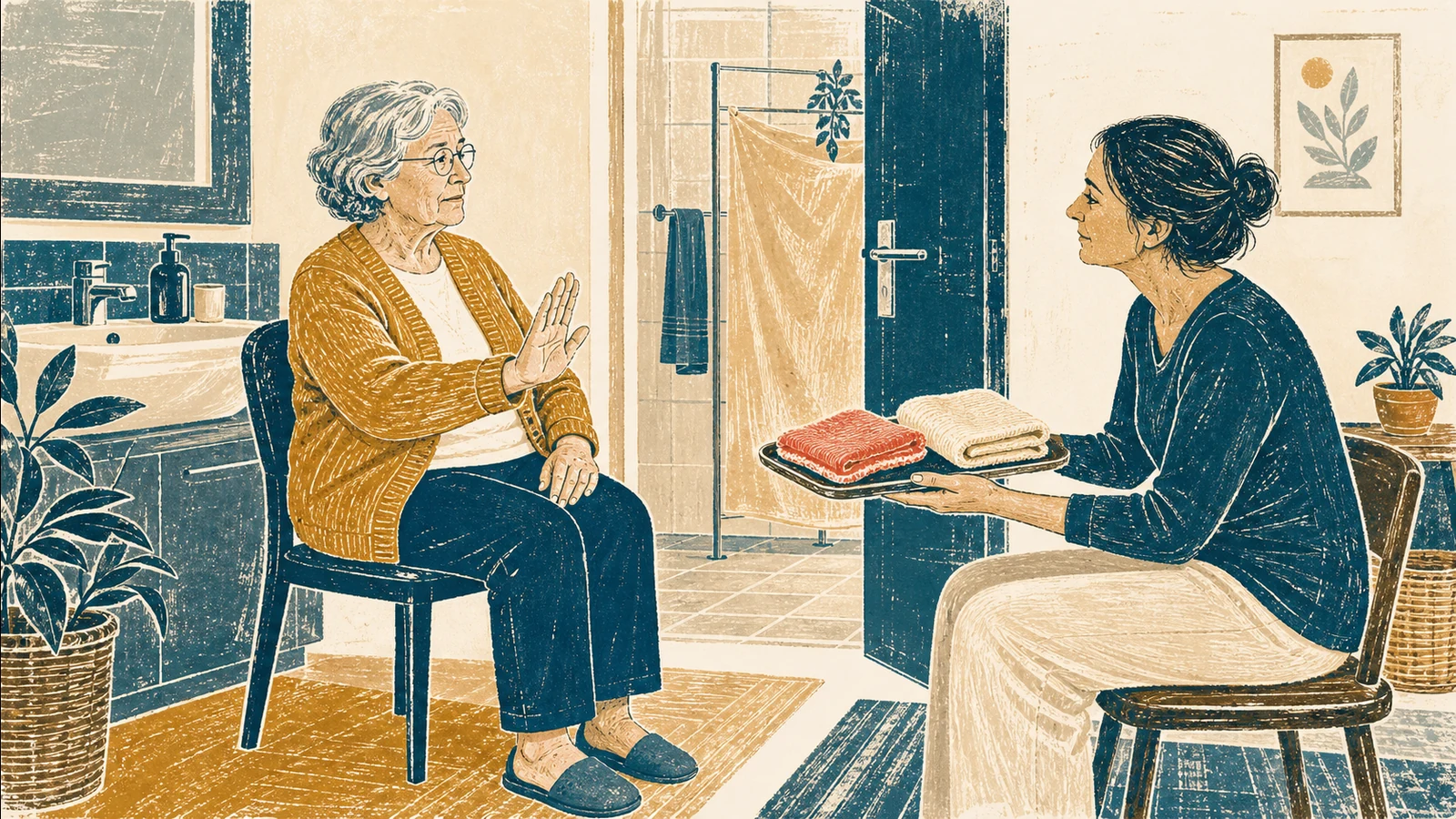 Linolschnitt-Illustration: Eine ältere Frau signalisiert bei der Körperpflege Stopp, während ihre Angehörige auf Augenhöhe Abstand hält und Waschlappen sowie Handtuch als Wahlmöglichkeiten anbietet