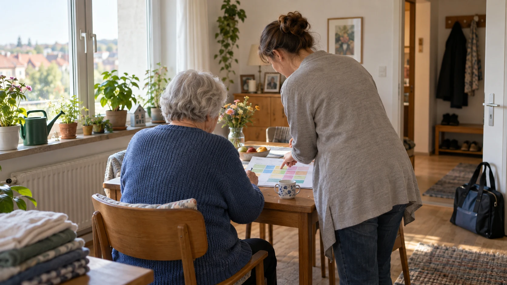 Eine ältere Person und eine Pflegefachperson betrachten in einer Wohnung gemeinsam einen Wochenplan mit farbigen Zeitfeldern