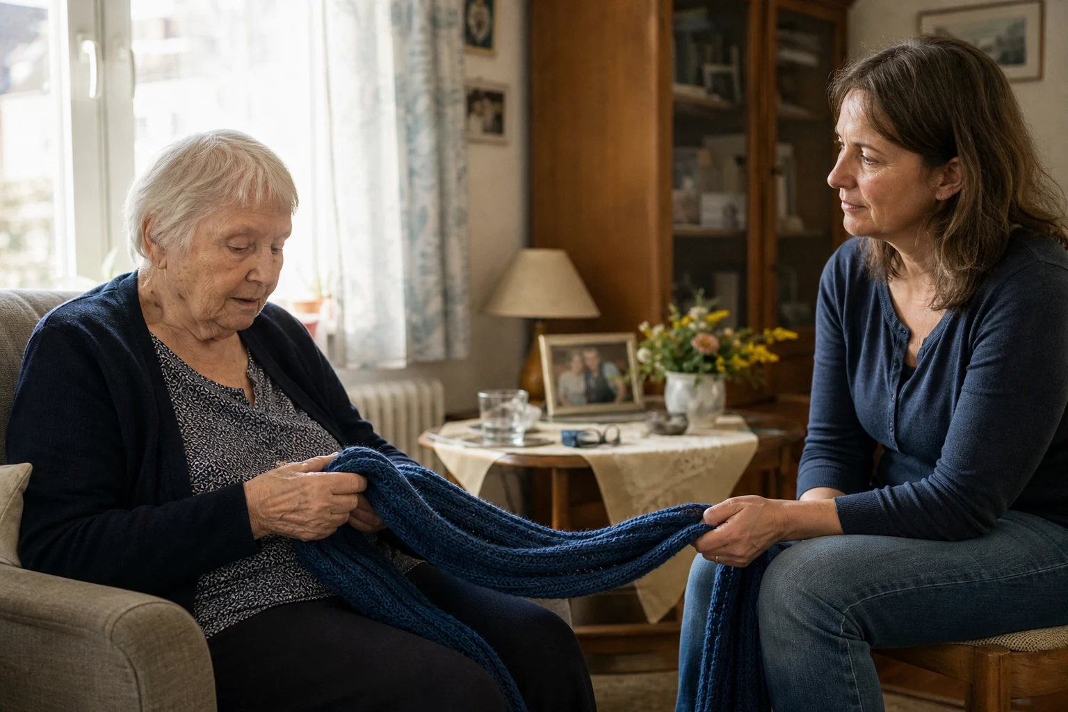 Eine ältere Frau ertastet selbst einen dunkelblauen Strickschal, dessen anderes Ende ihre auf Augenhöhe sitzende Tochter ruhig hält.