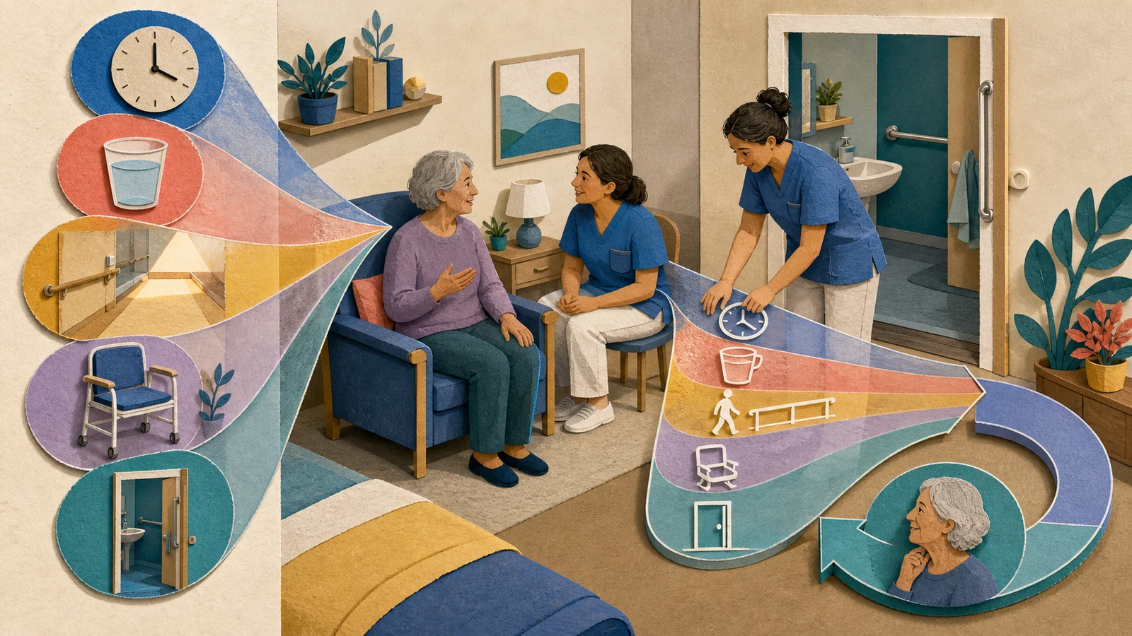 Papierrelief: Eine Bewohnerin bespricht auf Augenhöhe mit zwei Pflegefachpersonen ihren individuellen Weg aus Tagesrhythmus, Trinken, Mobilität, erreichbarer Toilette und Wirkungskontrolle