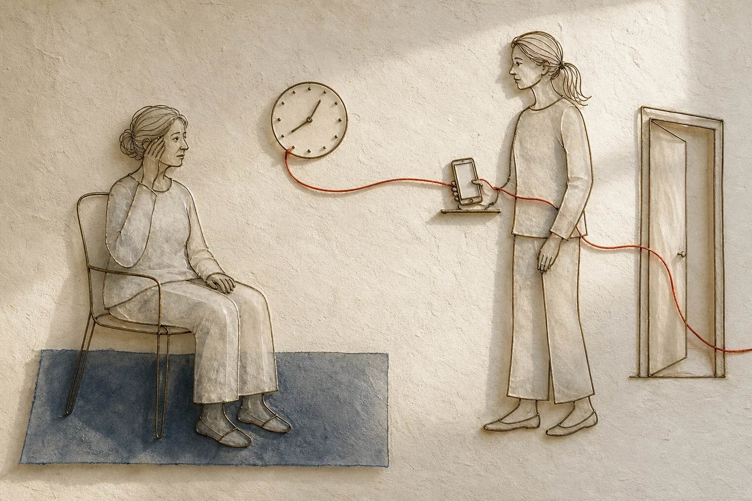 Ein Drahtrelief zeigt eine ältere Frau, die auf ihre Schläfe deutet, während ihre Tochter den Beginn an einer Uhr beachtet und ein Telefon für den Hilfeweg bereithält.