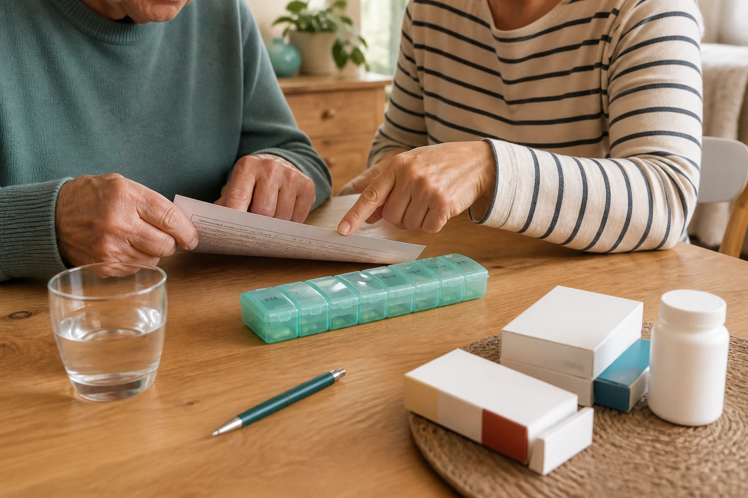 Ein älterer Mensch und eine Angehörige gleichen zu Hause gemeinsam einen Medikationsplan mit einer Dosierbox ab