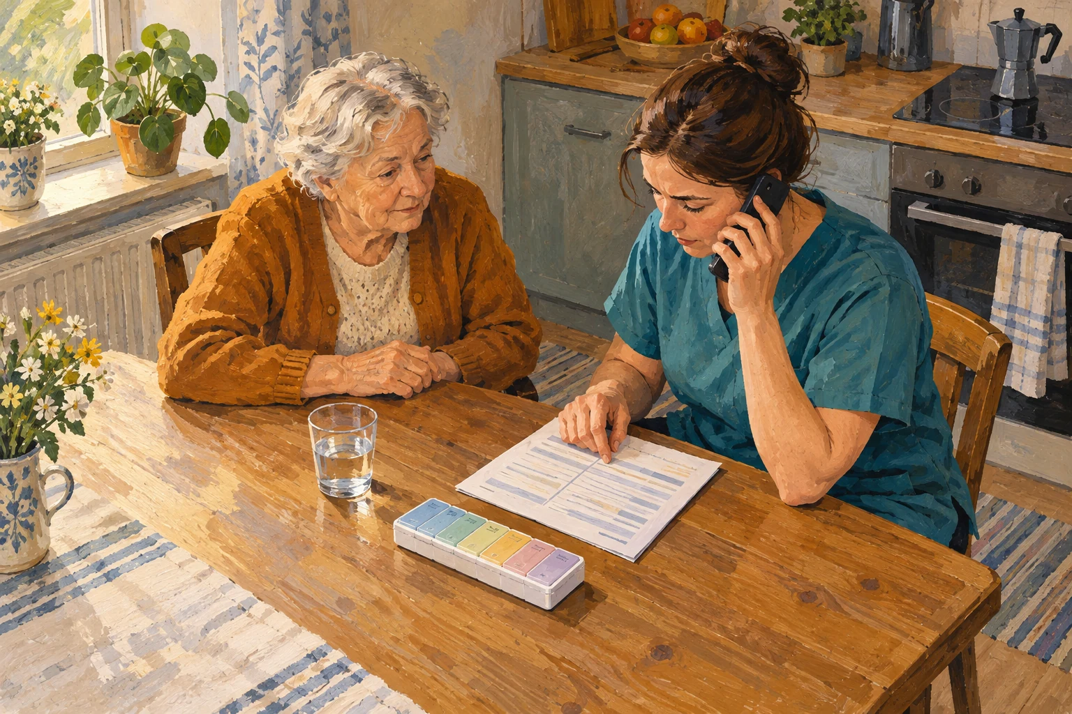 Gouache-Illustration: Eine Pflegefachperson telefoniert neben einer älteren Frau am Küchentisch und prüft ein Medikamentenblatt; daneben steht eine geschlossene Dosierhilfe.