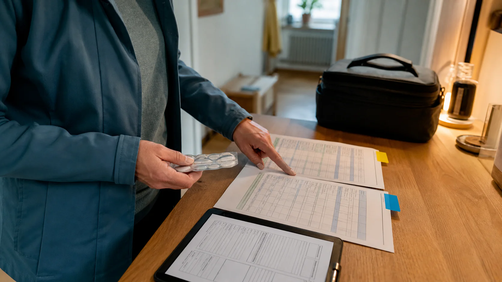 Eine ambulante Pflegefachperson vergleicht in einer Wohnung zwei unterschiedlich markierte Medikationsunterlagen, einen versiegelten Medikamentenblister und die Pflegedokumentation