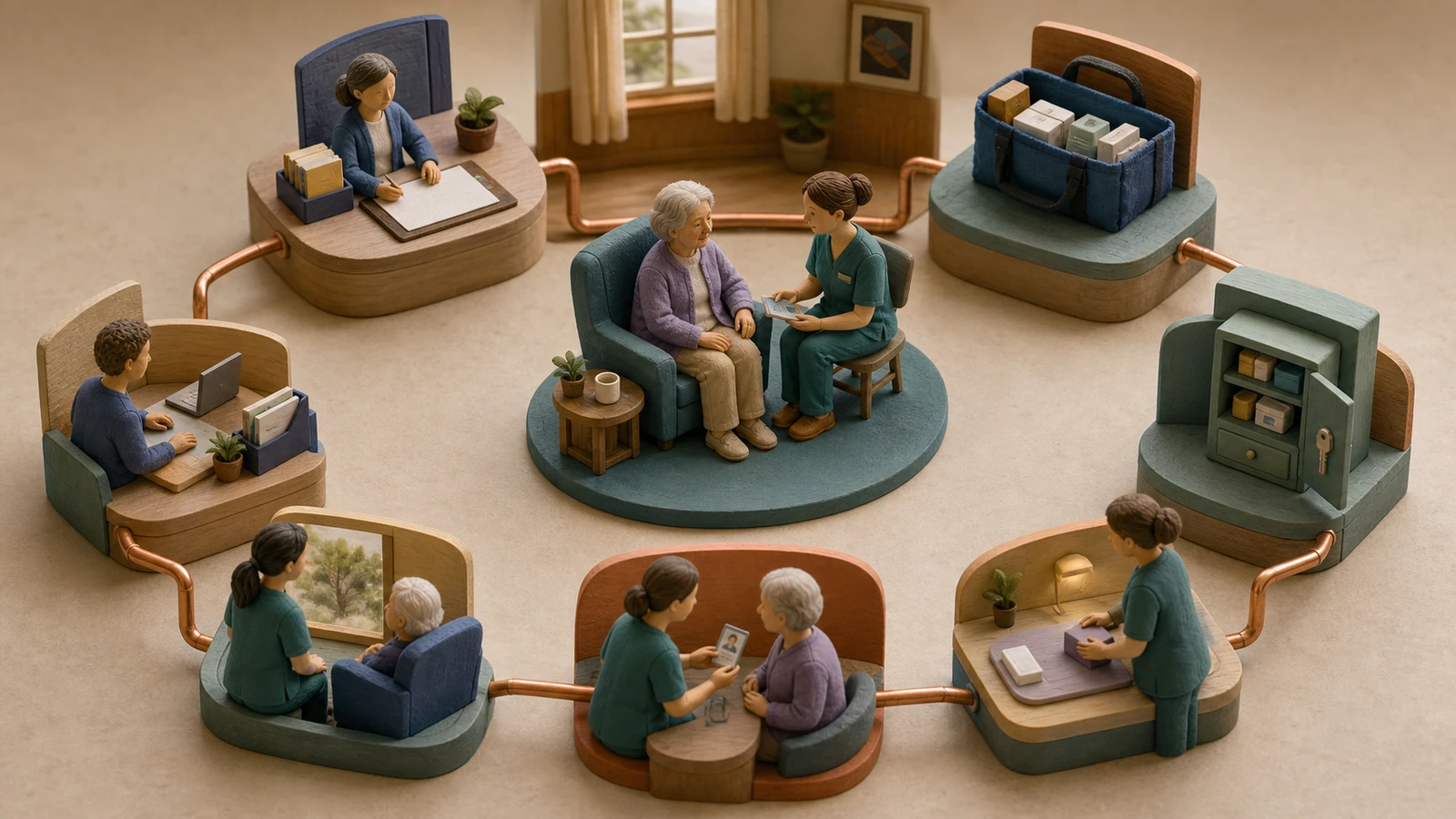 Handgefertigtes Diorama: Eine Bewohnerin und Pflegefachpersonen sind über einen kupferfarbenen Kreislauf mit Verordnung, Apotheke, Lagerung, Vorbereitung, Beobachtung und Dokumentation verbunden