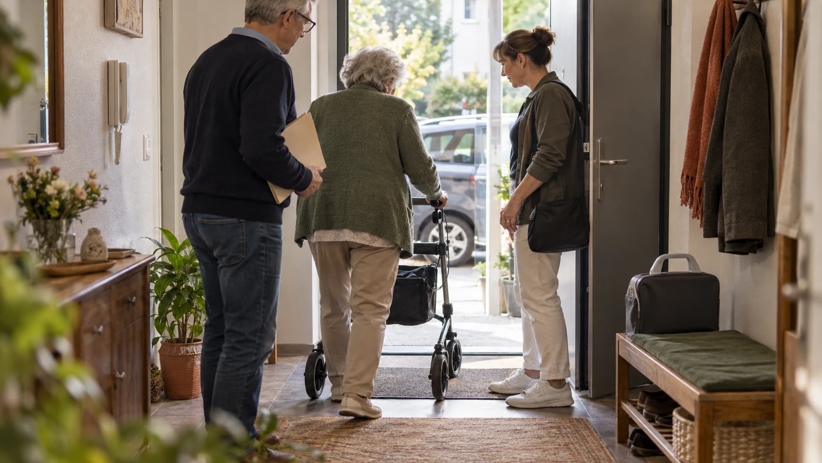 Eine ältere Person kehrt mit Rollator in ihre Wohnung zurück; ein Angehöriger hält die Entlassungsunterlagen und eine Mitarbeiterin eines ambulanten Dienstes ist vor Ort