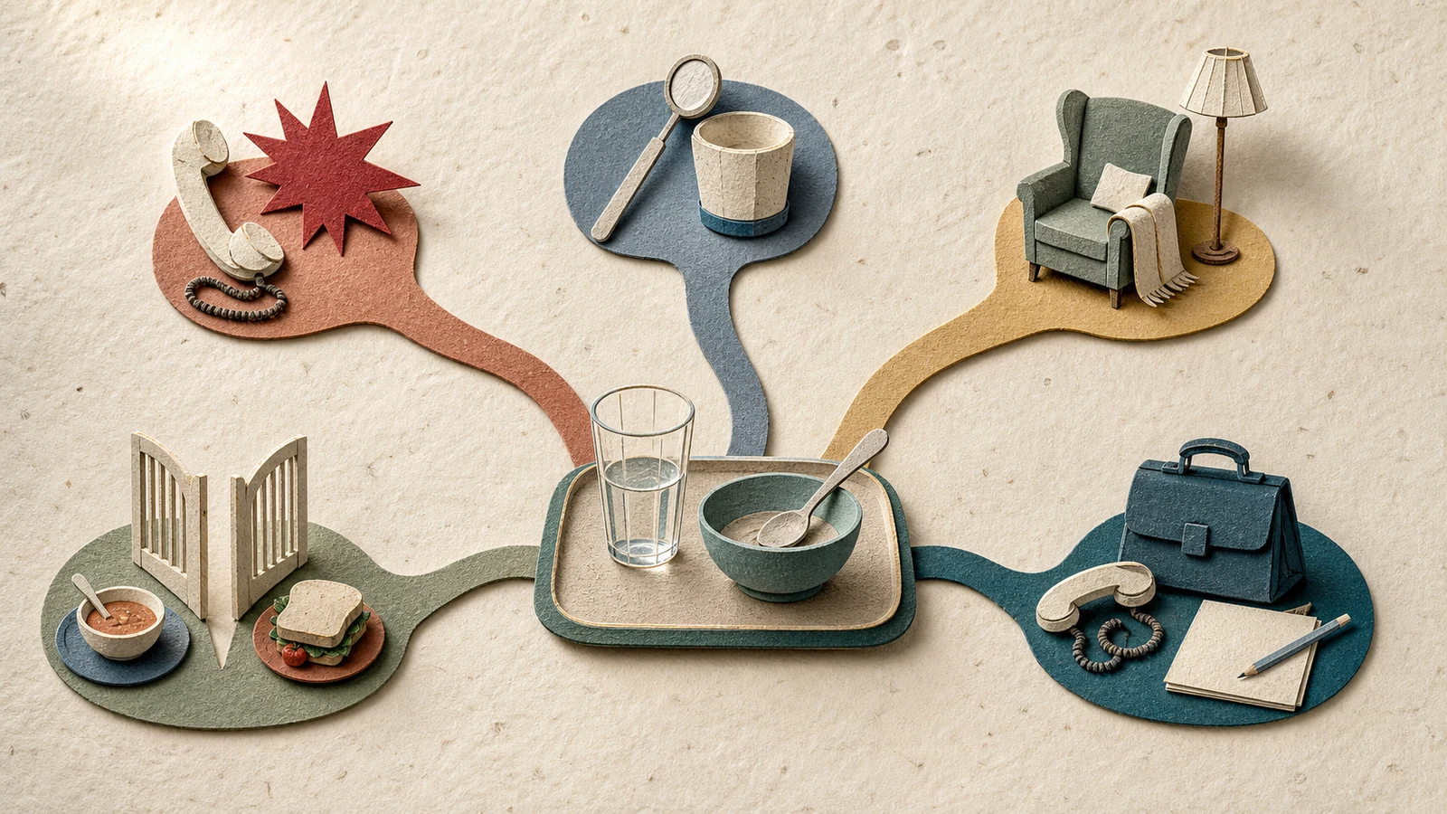 Ein handgearbeitetes Papierrelief zeigt ein unberührtes Glas und eine kleine Schale, von denen getrennte Bildwege zu Notruf, Mundbeschwerden, ruhiger Pause, Patientenwillen und fachlicher Hilfe führen