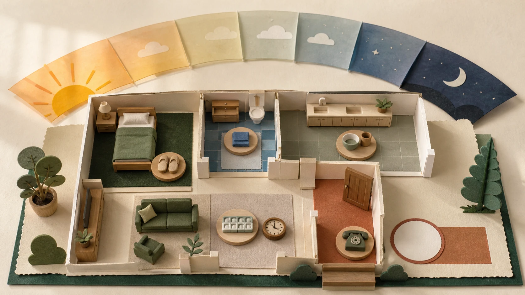 Handgefertigtes Papier-und-Holz-Diorama einer Wohnung: Bett, Bad, Küche, Medikamentenbox, Uhr und Telefon liegen unter einem Tagesbogen; am Abend bleibt ein terrakottafarbener Platz sichtbar frei
